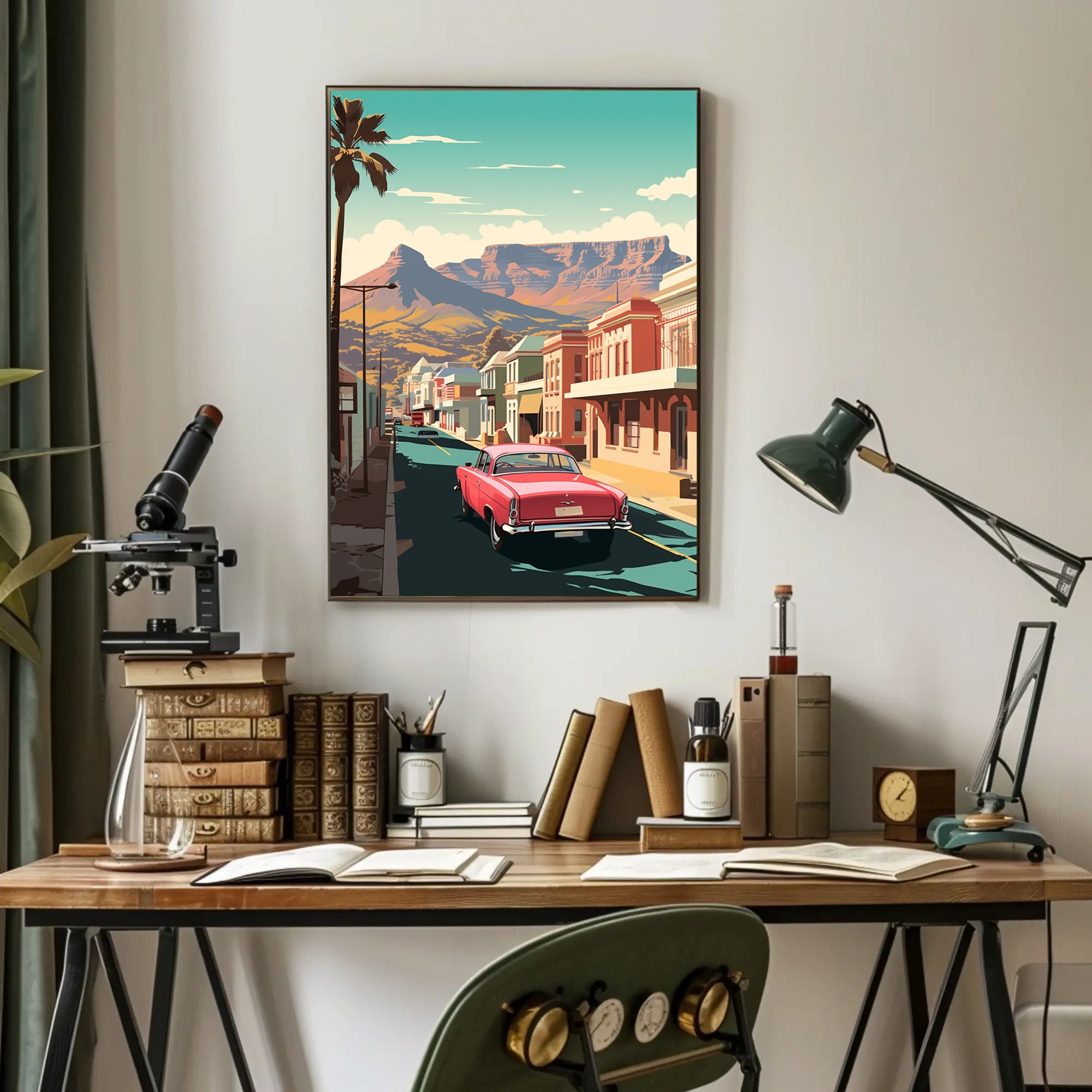 Vintage Car on Mid-Century Main Street Travel Poster PosterGoat