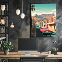 Vintage Car on Mid-Century Main Street Travel Poster PosterGoat