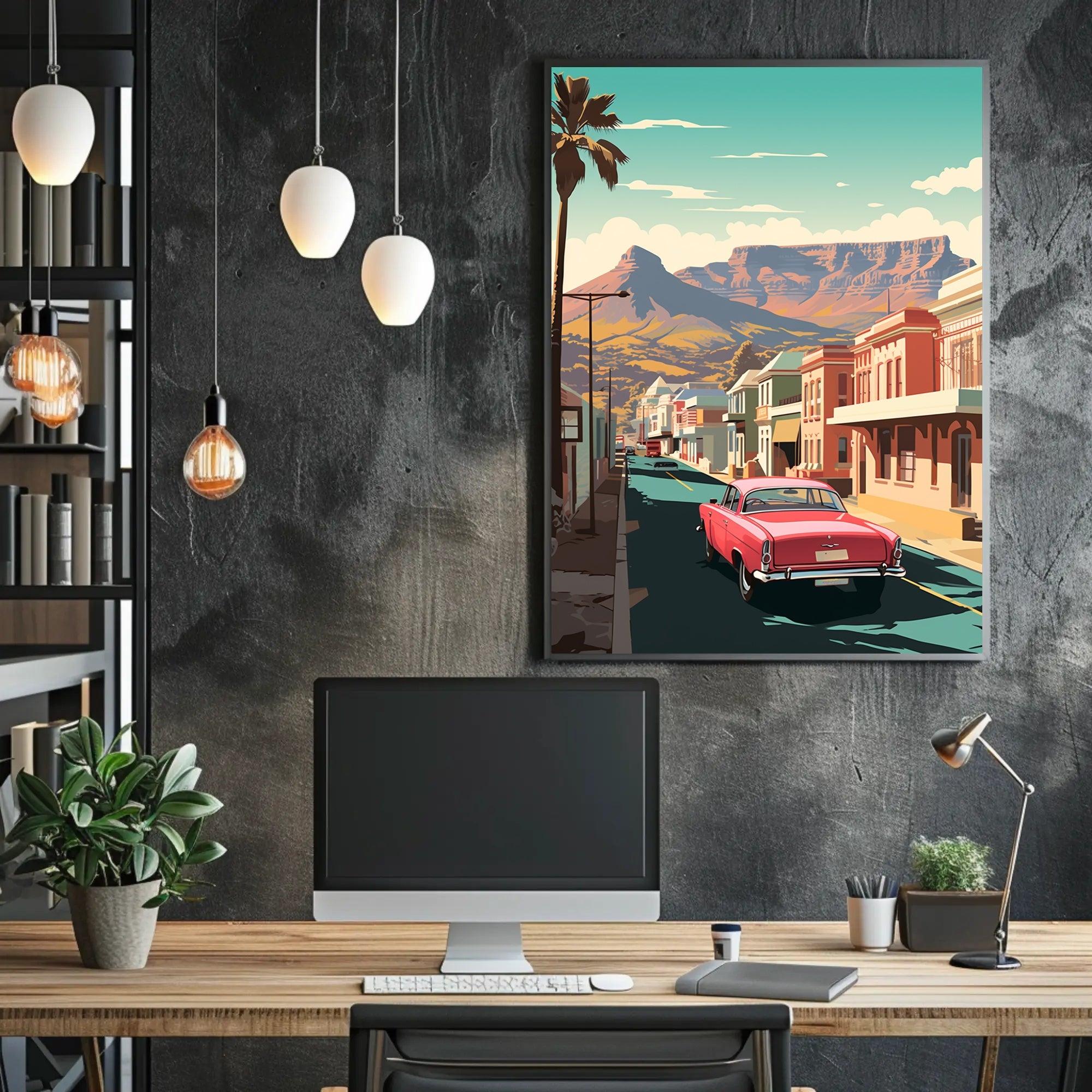 Vintage Car on Mid-Century Main Street Travel Poster PosterGoat