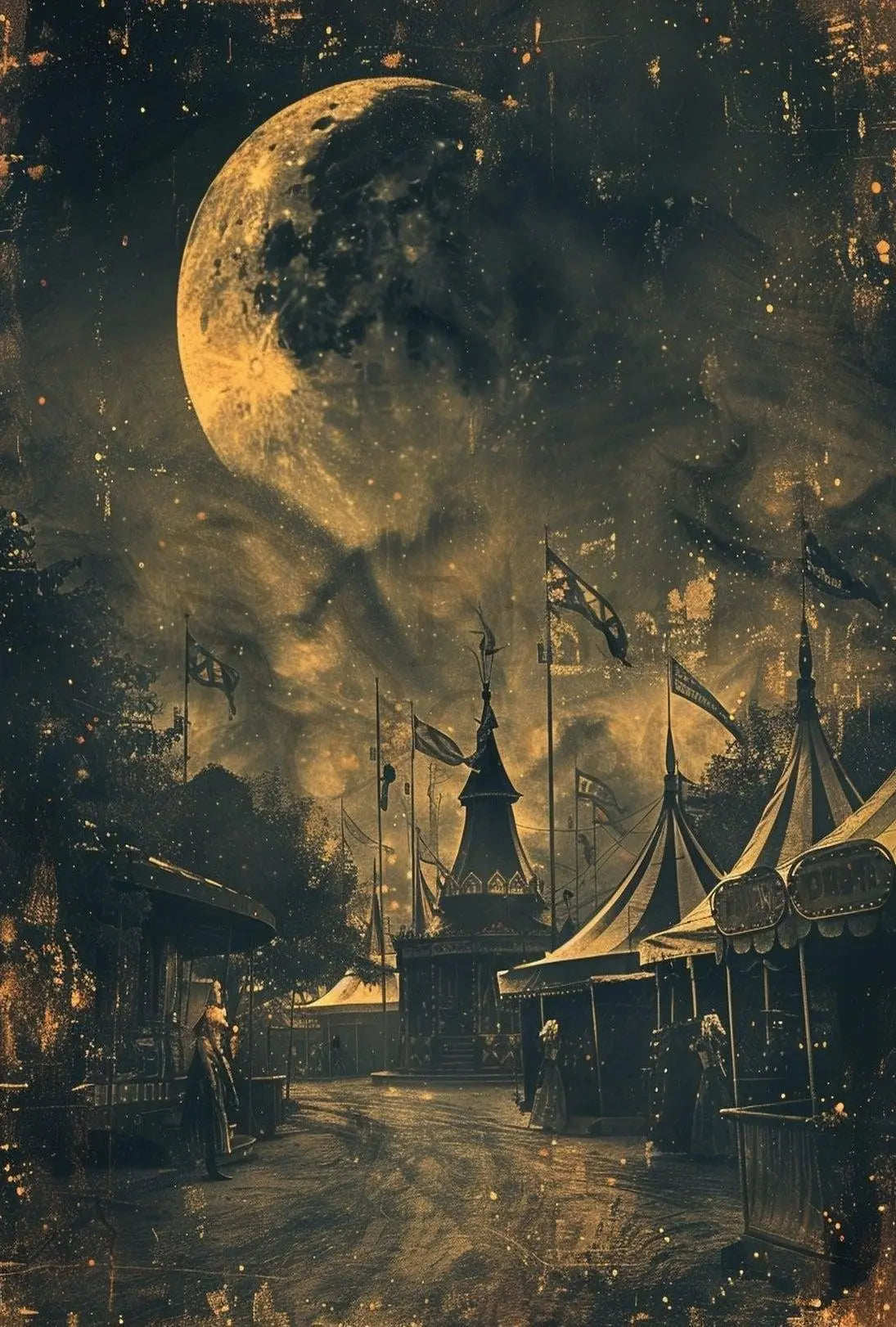 Vintage Carnival Scene Under Moon: Artistic Nostalgia Poster PosterGoat