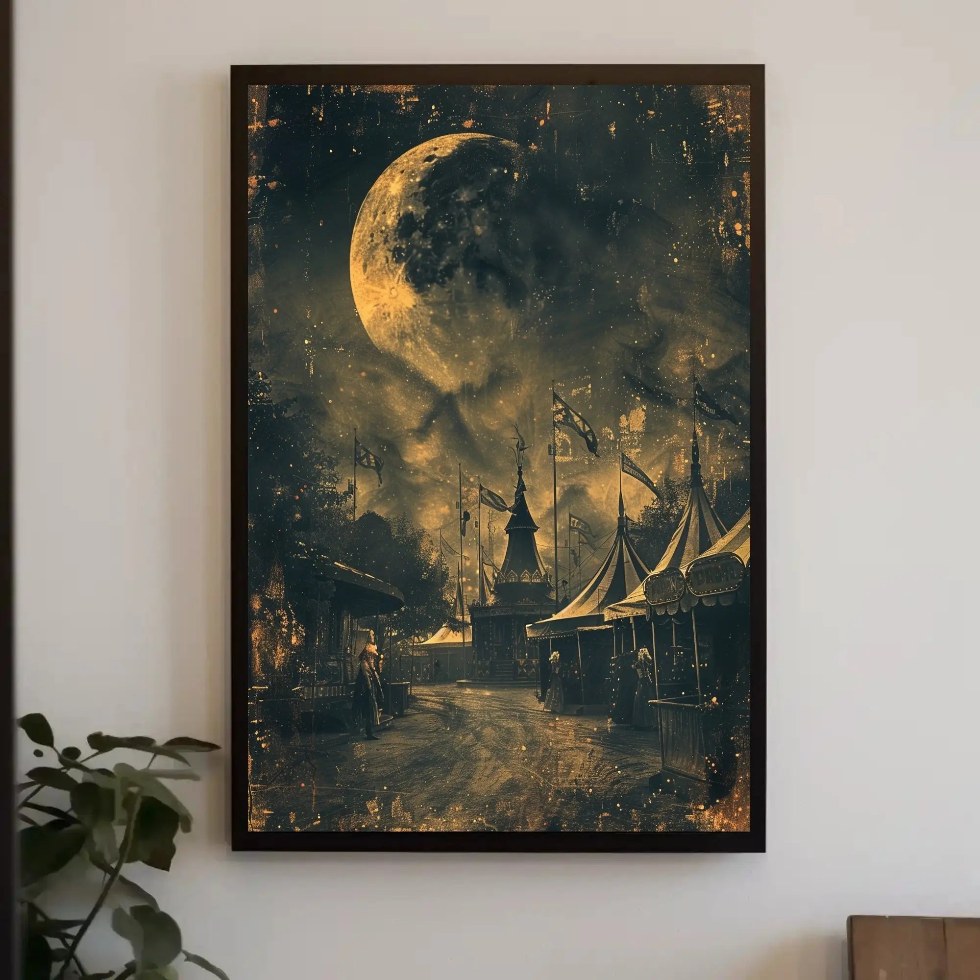 Vintage Carnival Scene Under Moon: Artistic Nostalgia Poster PosterGoat