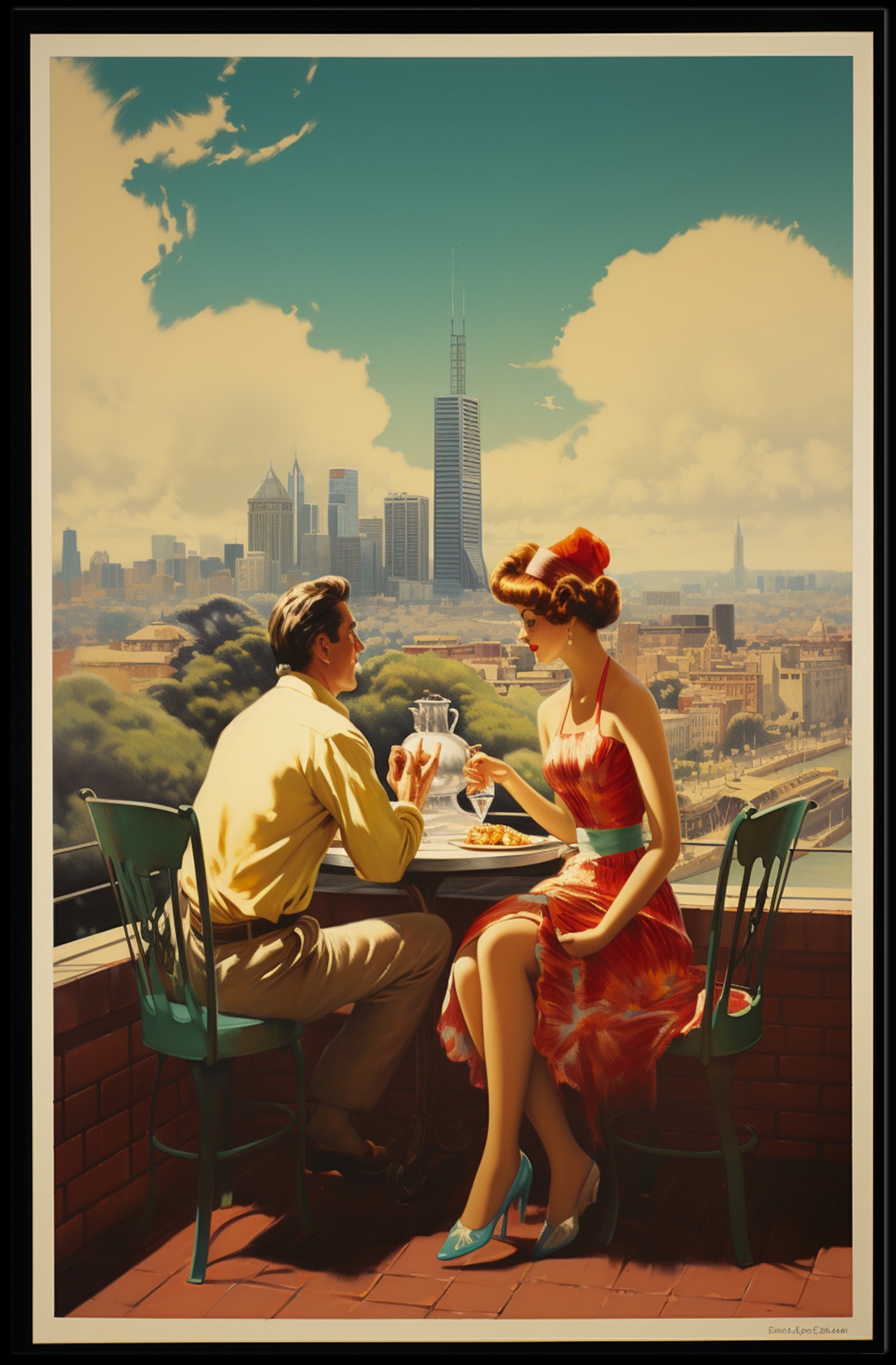 Vintage Couple Enjoying Cityscape Scene Urban or Cityscape Poster PosterGoat