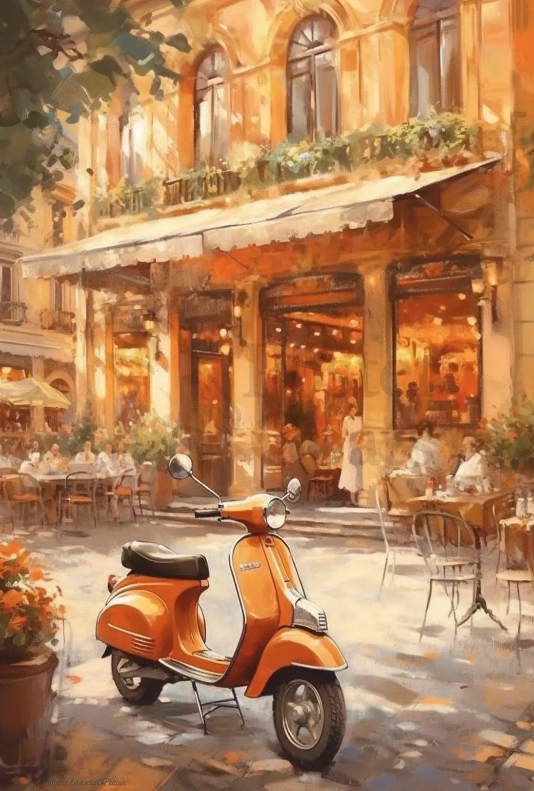 Vintage European Street Scene with Vespa Travel Poster PosterGoat