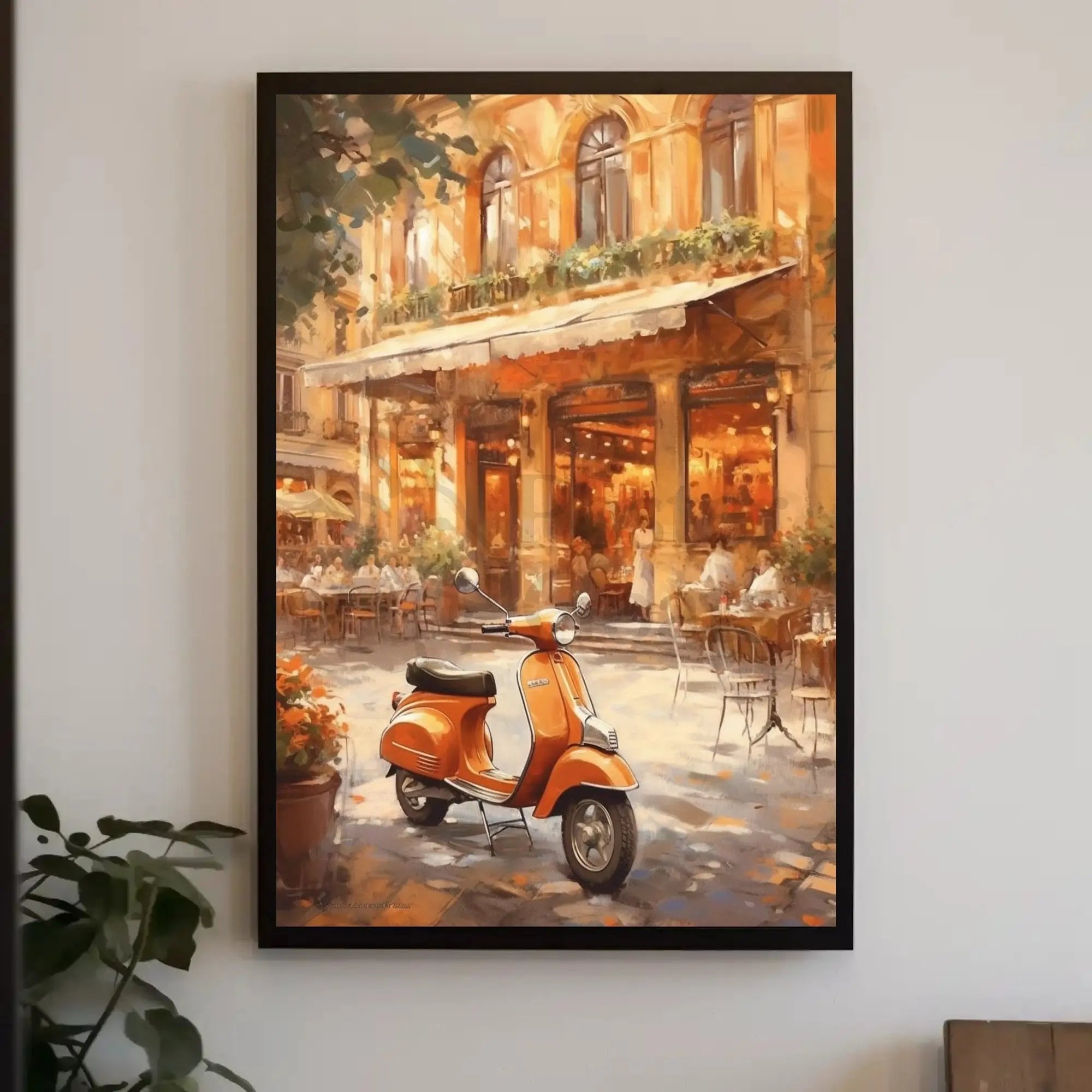 Vintage European Street Scene with Vespa Travel Poster PosterGoat