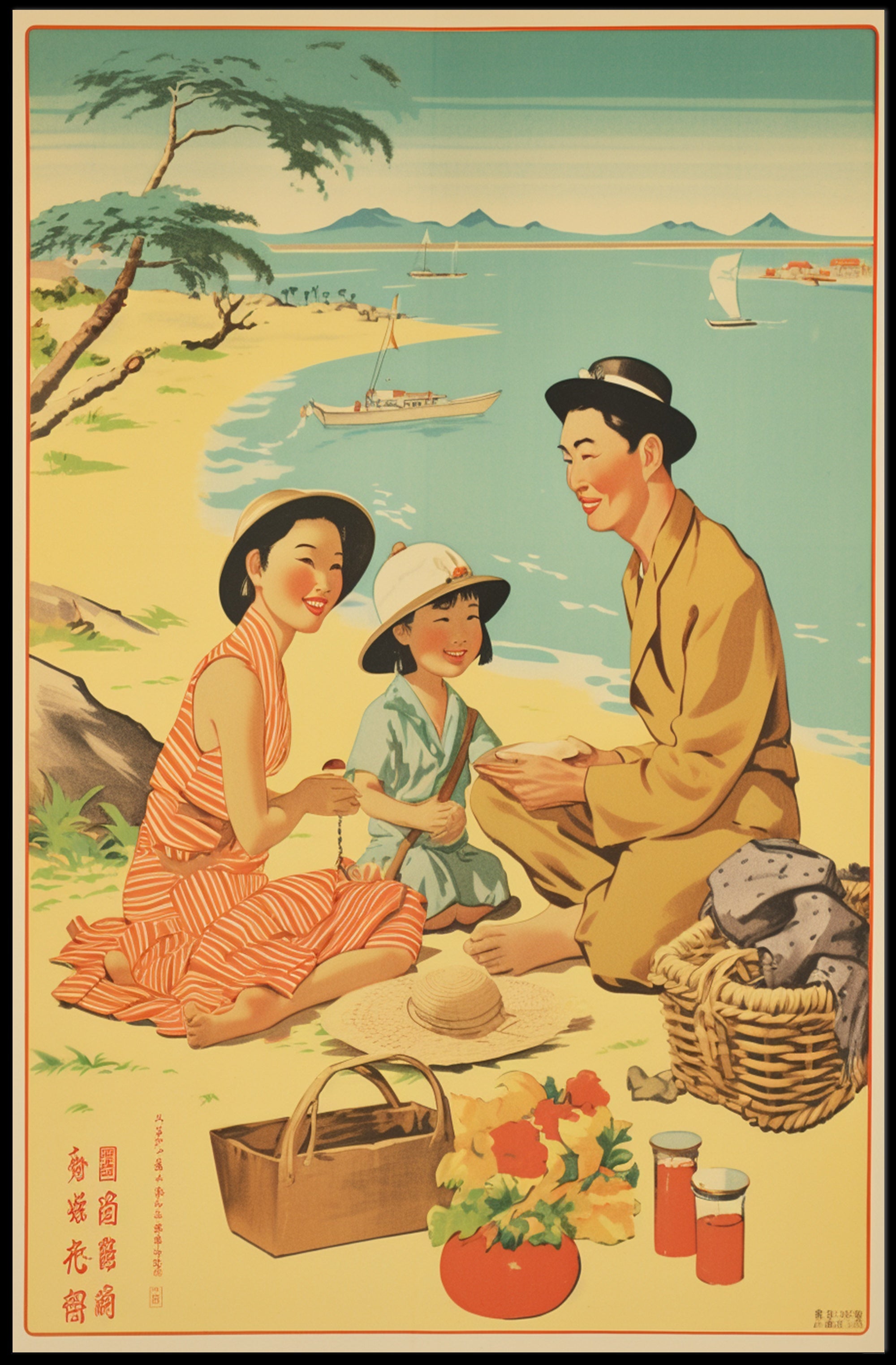 Vintage Family Picnic on Japanese Beach Cultural or Heritage Poster PosterGoat