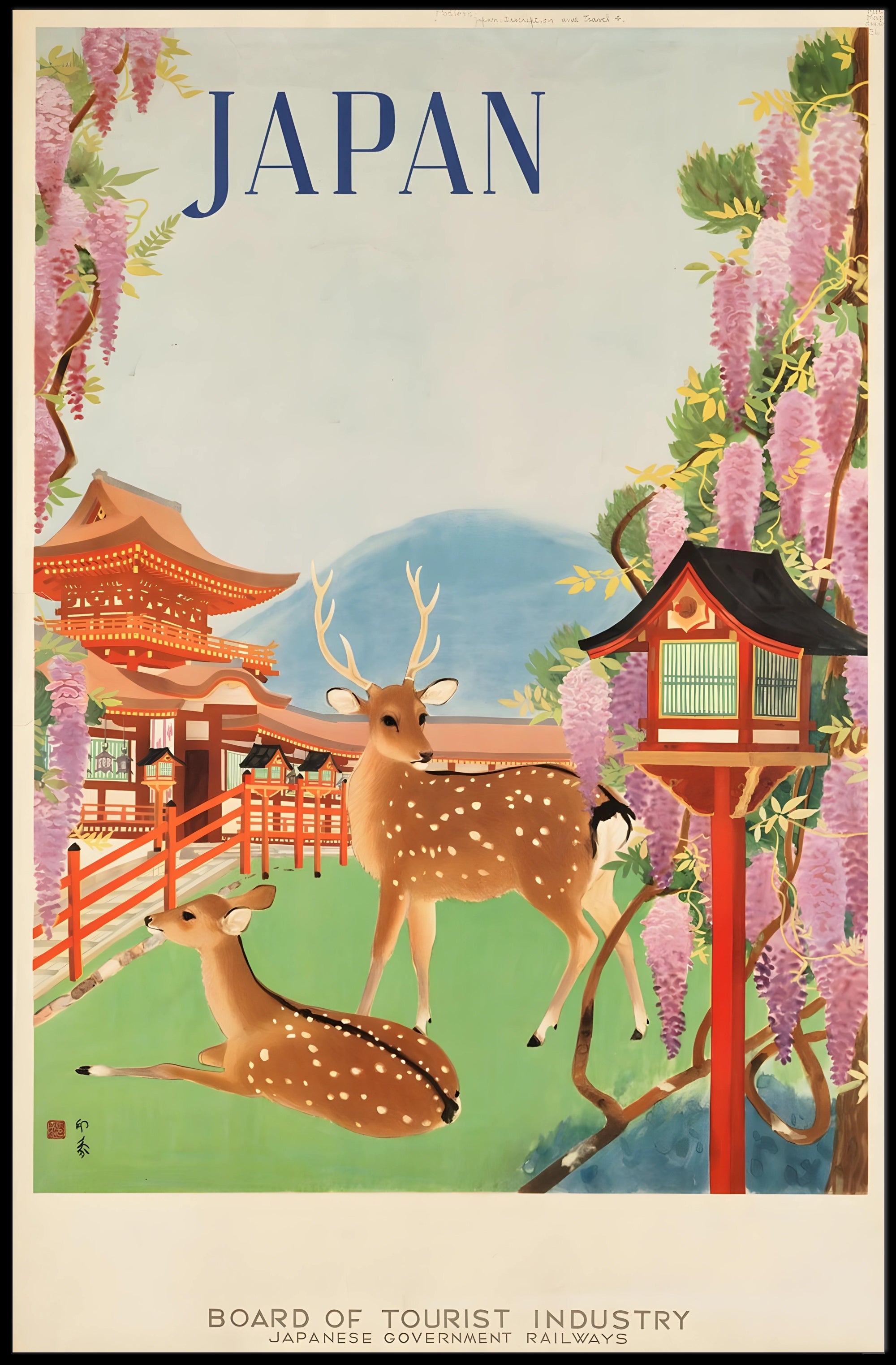 Vintage Japanese Deer Shrine Scenic Travel Poster PosterGoat