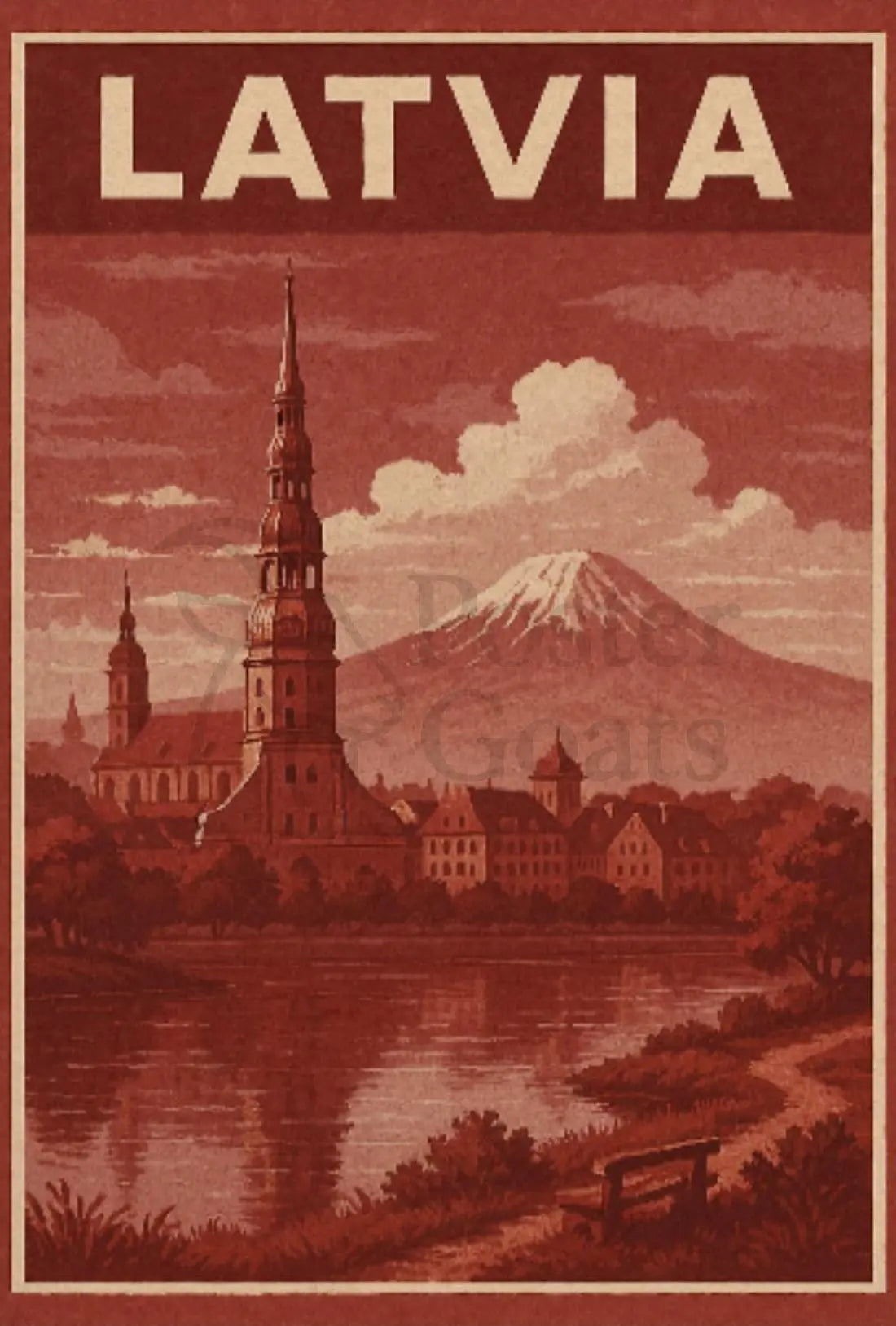 Vintage Latvia Cityscape with Romantic Mountains Travel Poster PosterGoat