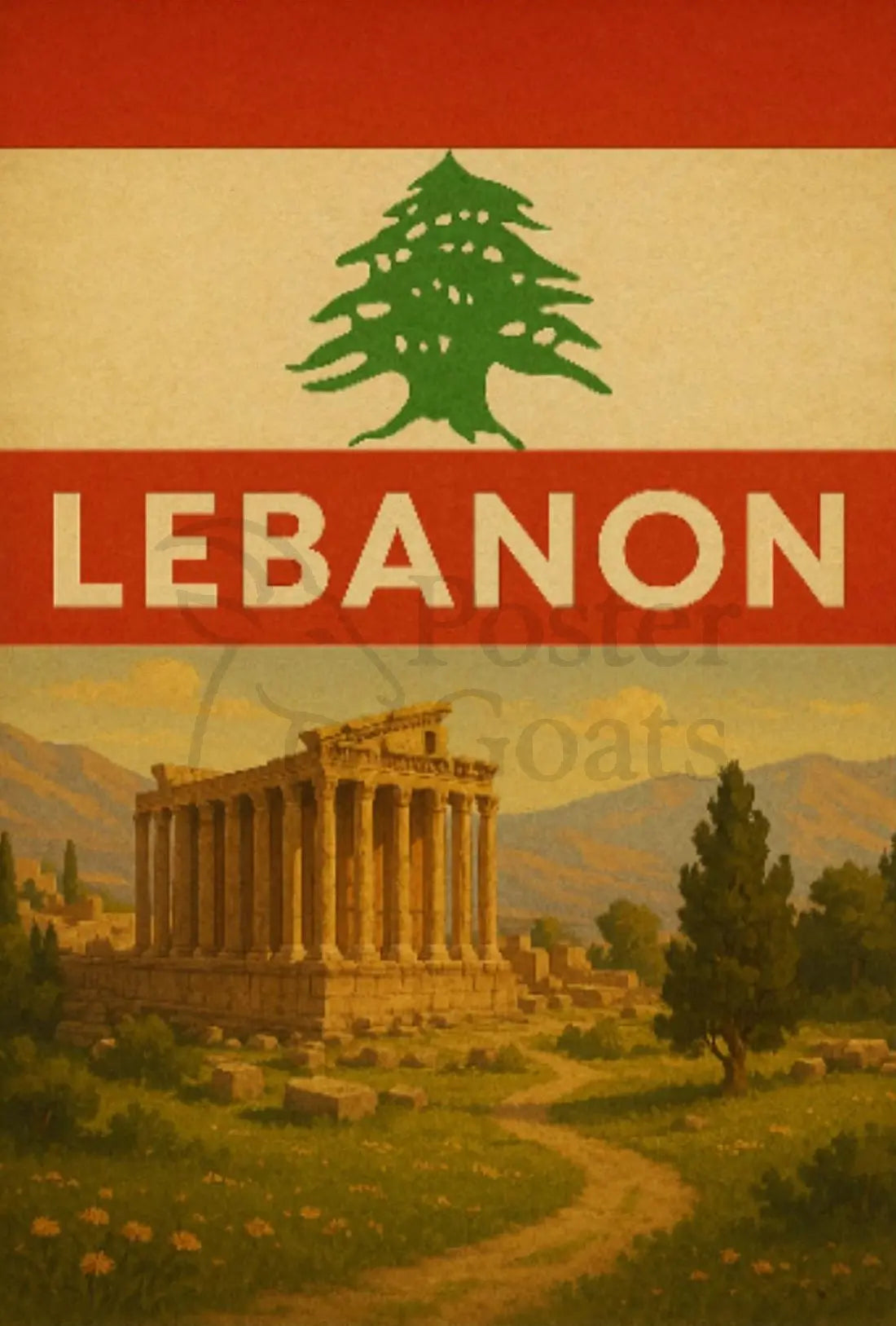 Vintage Lebanon Travel Poster: Baalbek Ruins, Cedar Emblem PosterGoat