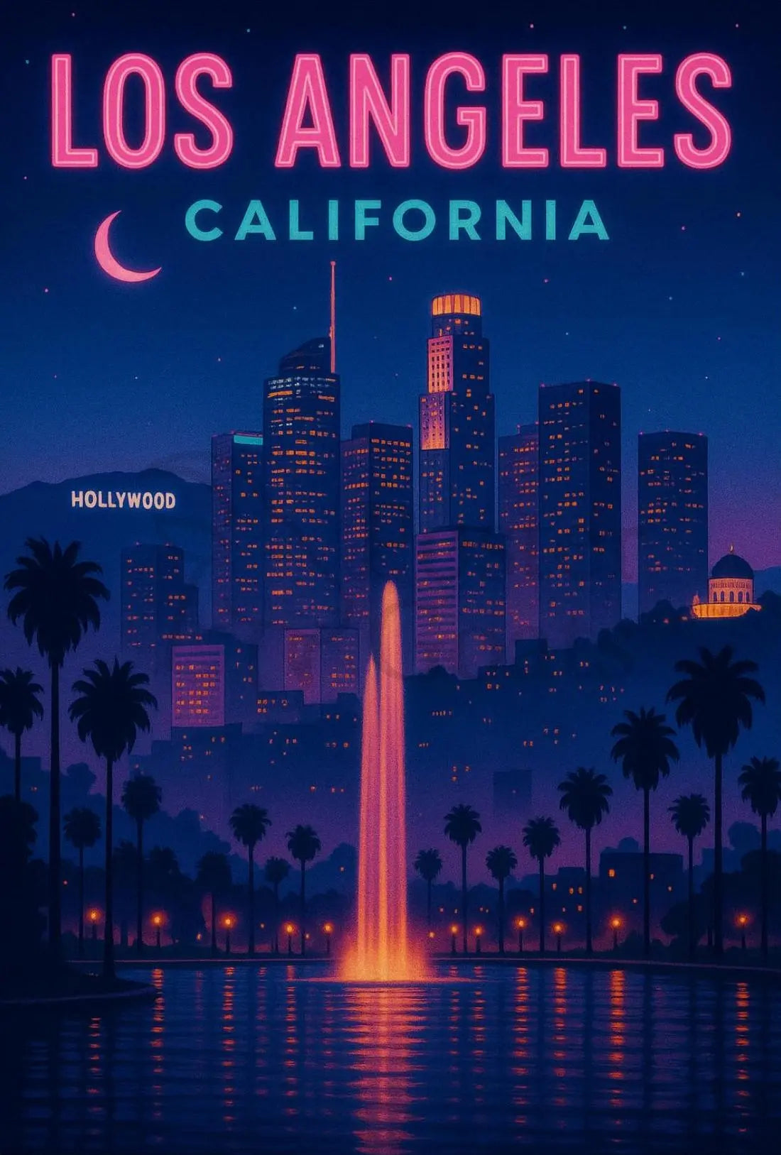 Vintage Los Angeles Hollywood Nightscape Travel Poster PosterGoat