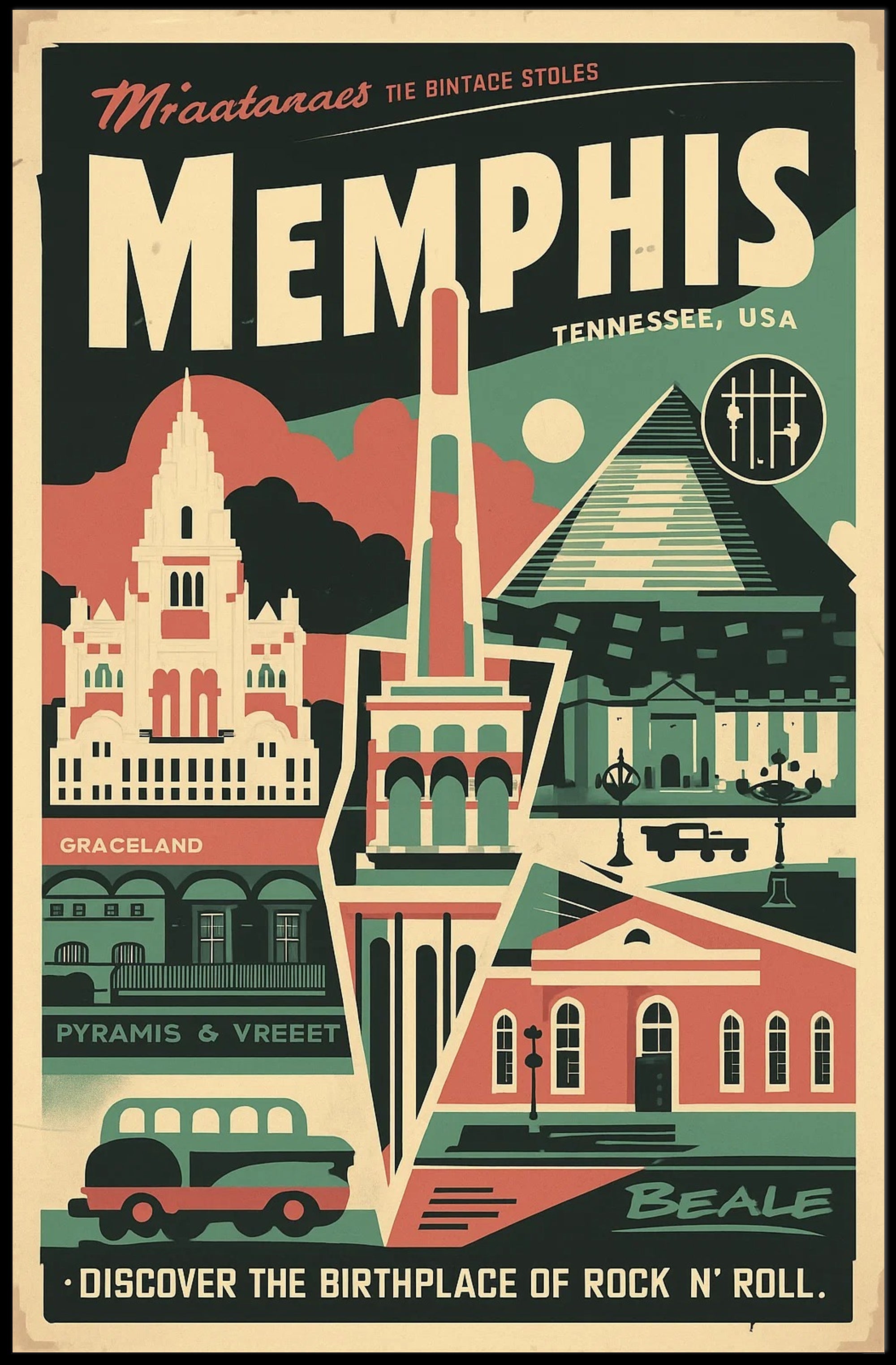 Vintage Memphis Travel Poster with Iconic Landmarks and Cars PosterGoat