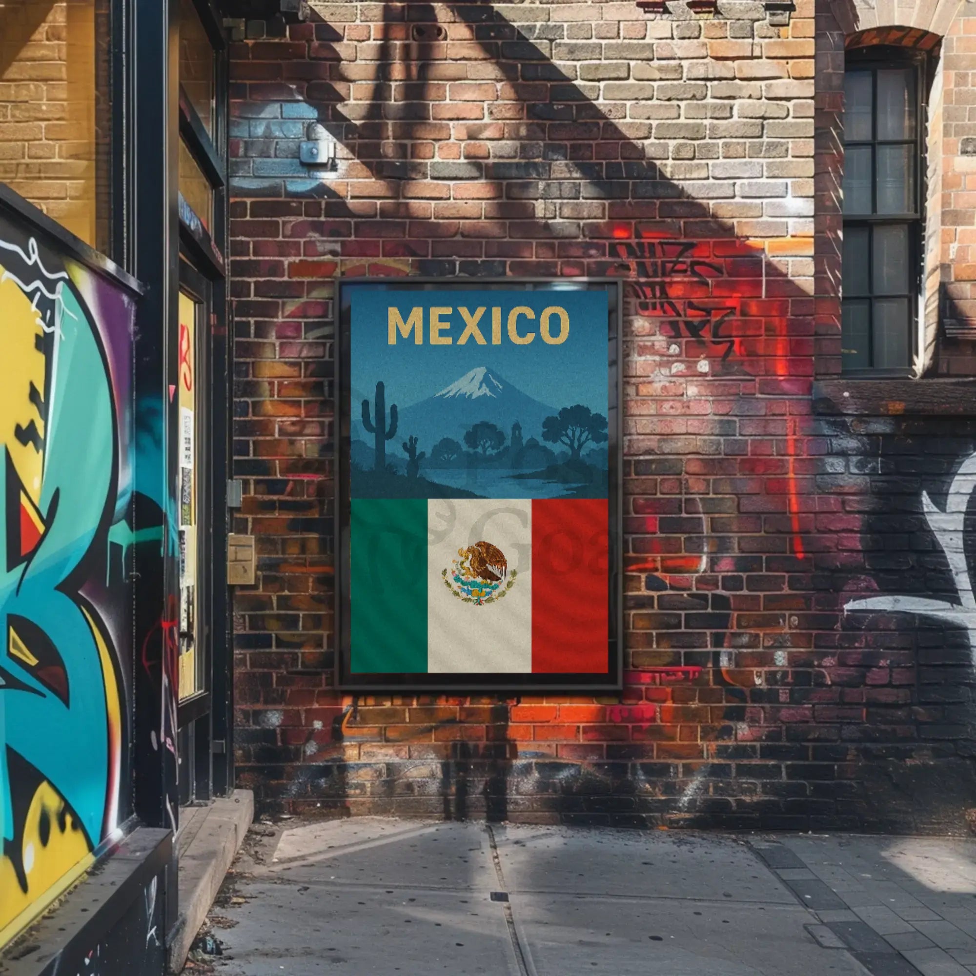 Vintage Mexico Volcano and Cacti Travel Poster PosterGoat