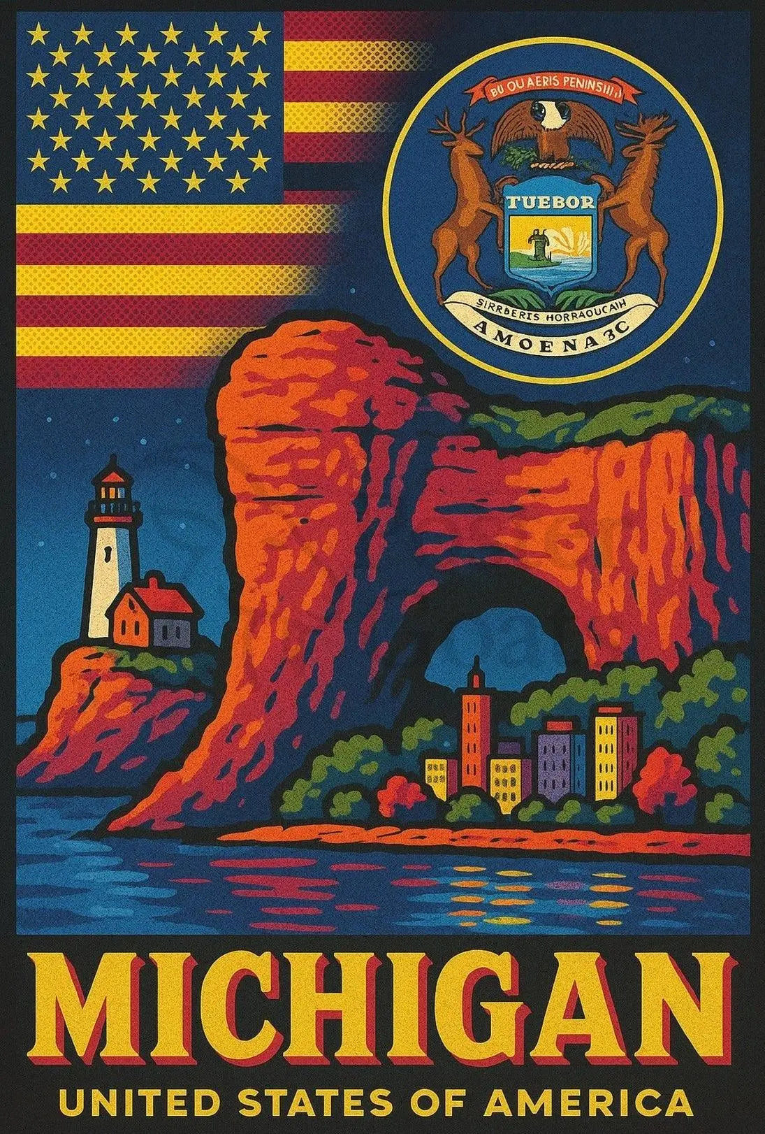 Vintage Michigan Travel Iconic Landmarks Celebration Travel Poster PosterGoat