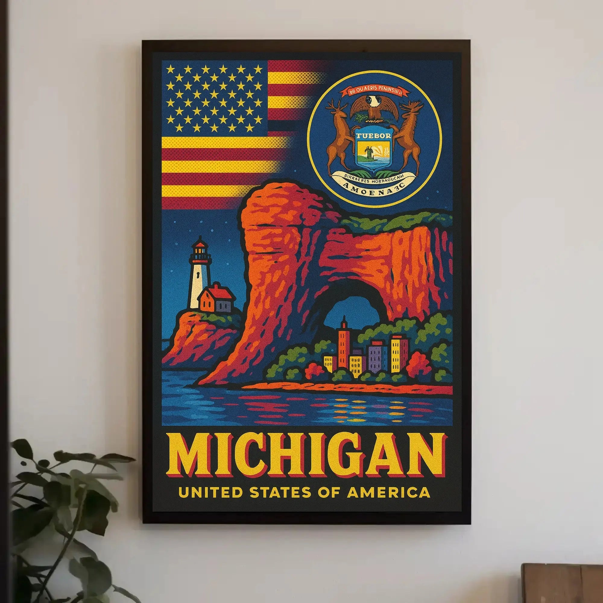 Vintage Michigan Travel Iconic Landmarks Celebration Travel Poster PosterGoat