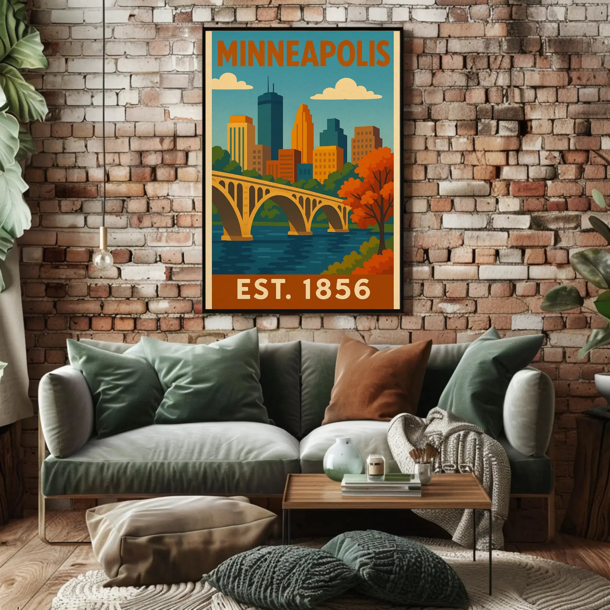 Vintage Minneapolis Cityscape Bridge Travel Poster PosterGoat