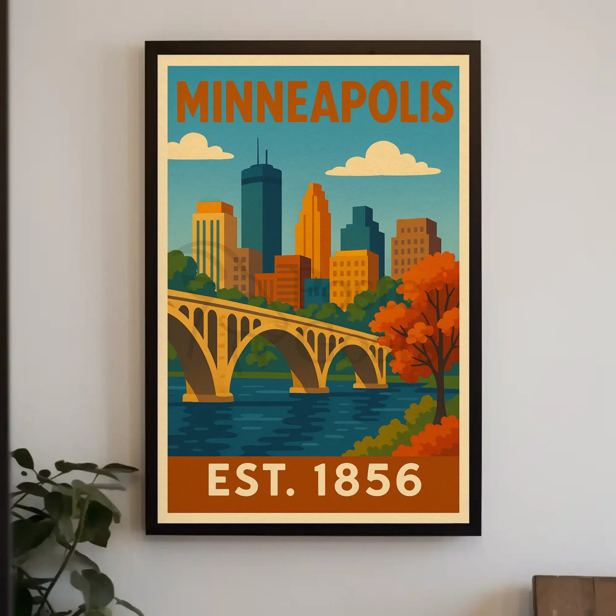 Vintage Minneapolis Cityscape Bridge Travel Poster PosterGoat