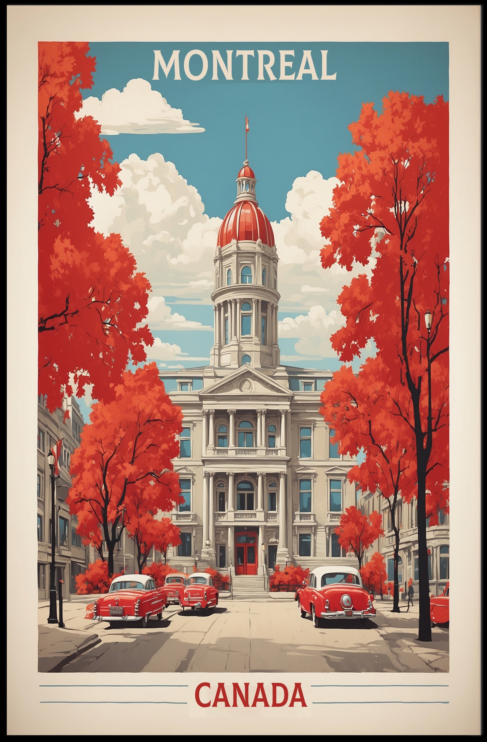 Vintage Montreal Travel Poster: Neoclassical Architecture and Autumn Scene PosterGoat