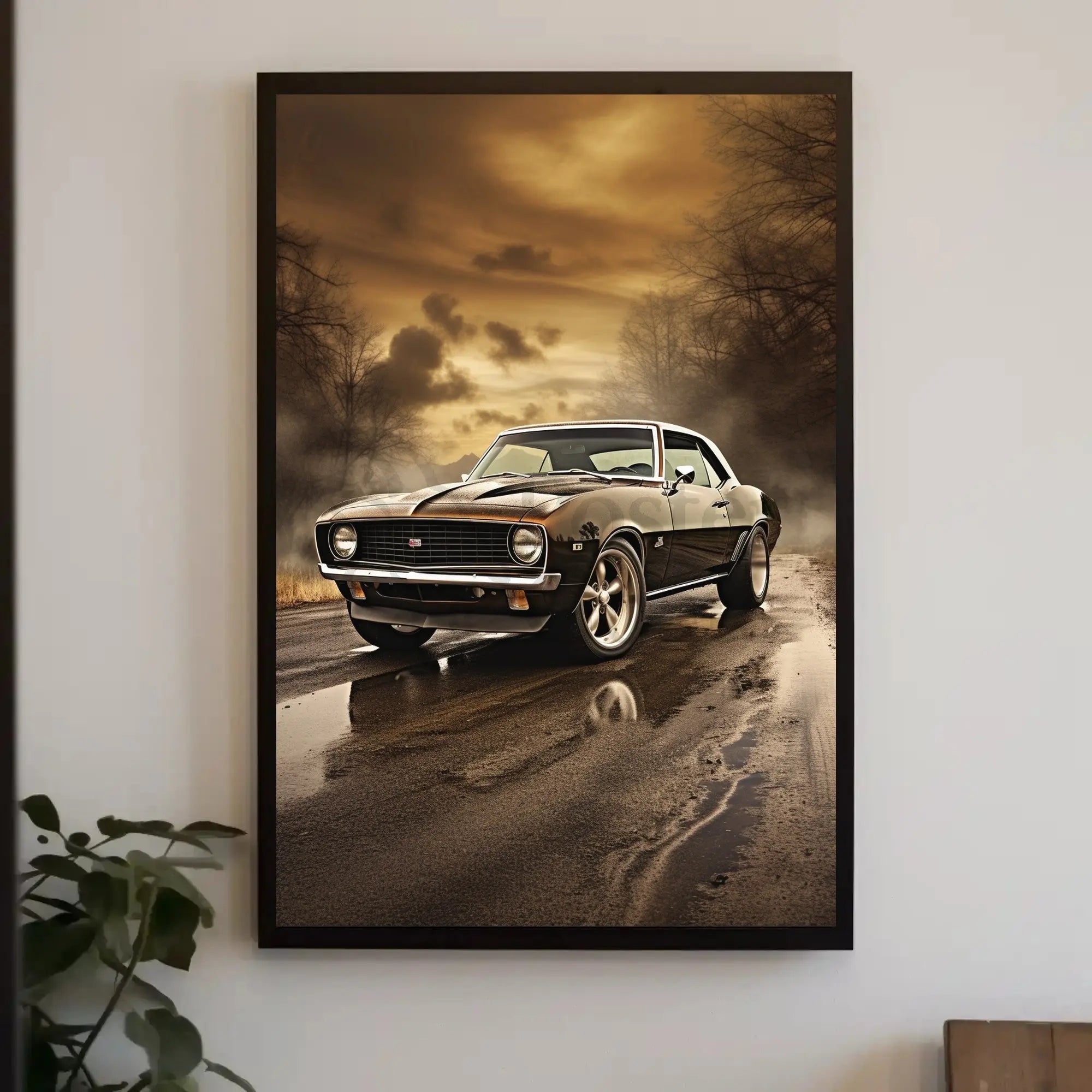 Vintage Muscle Car on Open Road Artistic Poster PosterGoat