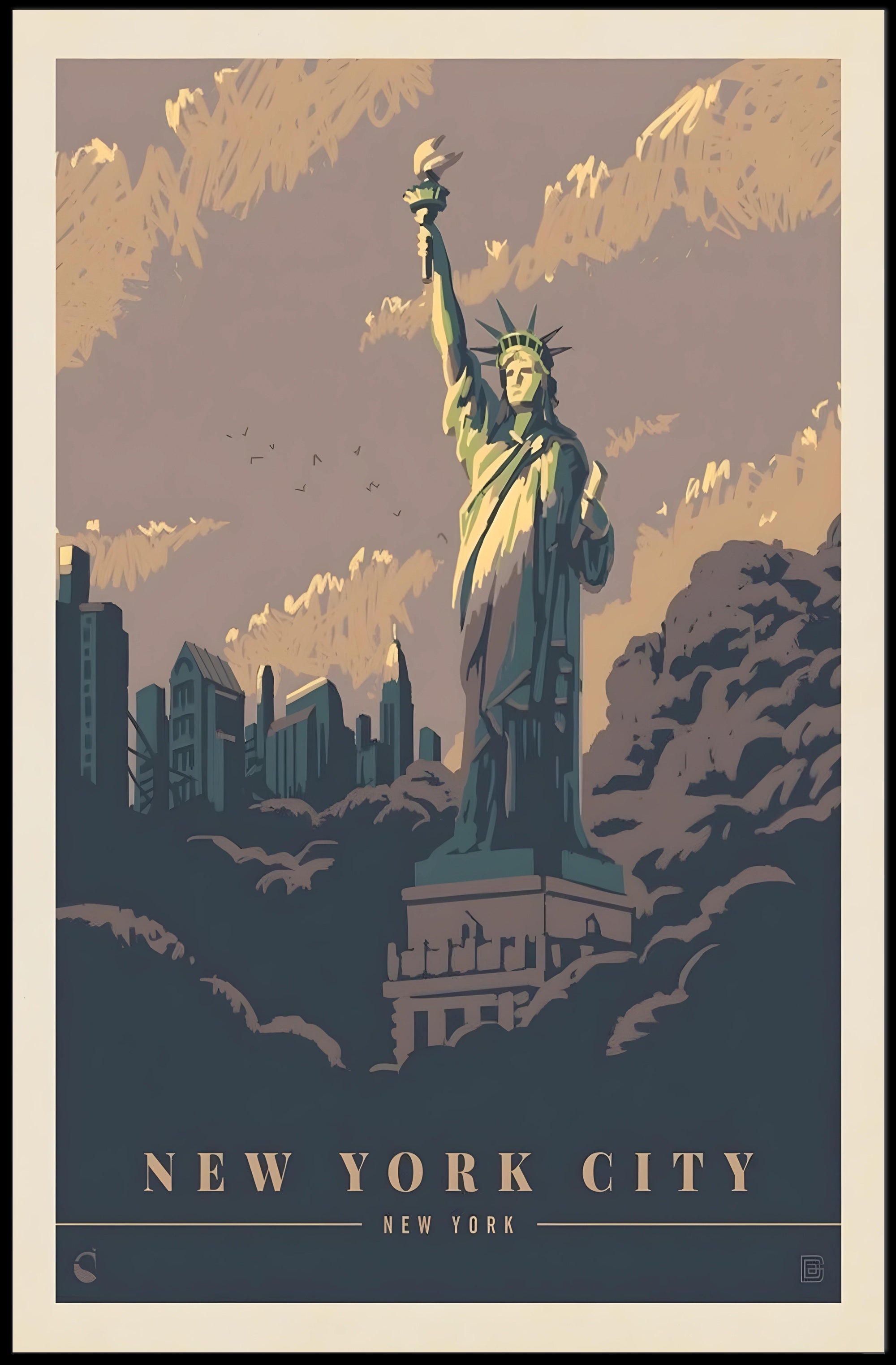 Vintage NYC Skyline with Statue of Liberty Travel Poster PosterGoat