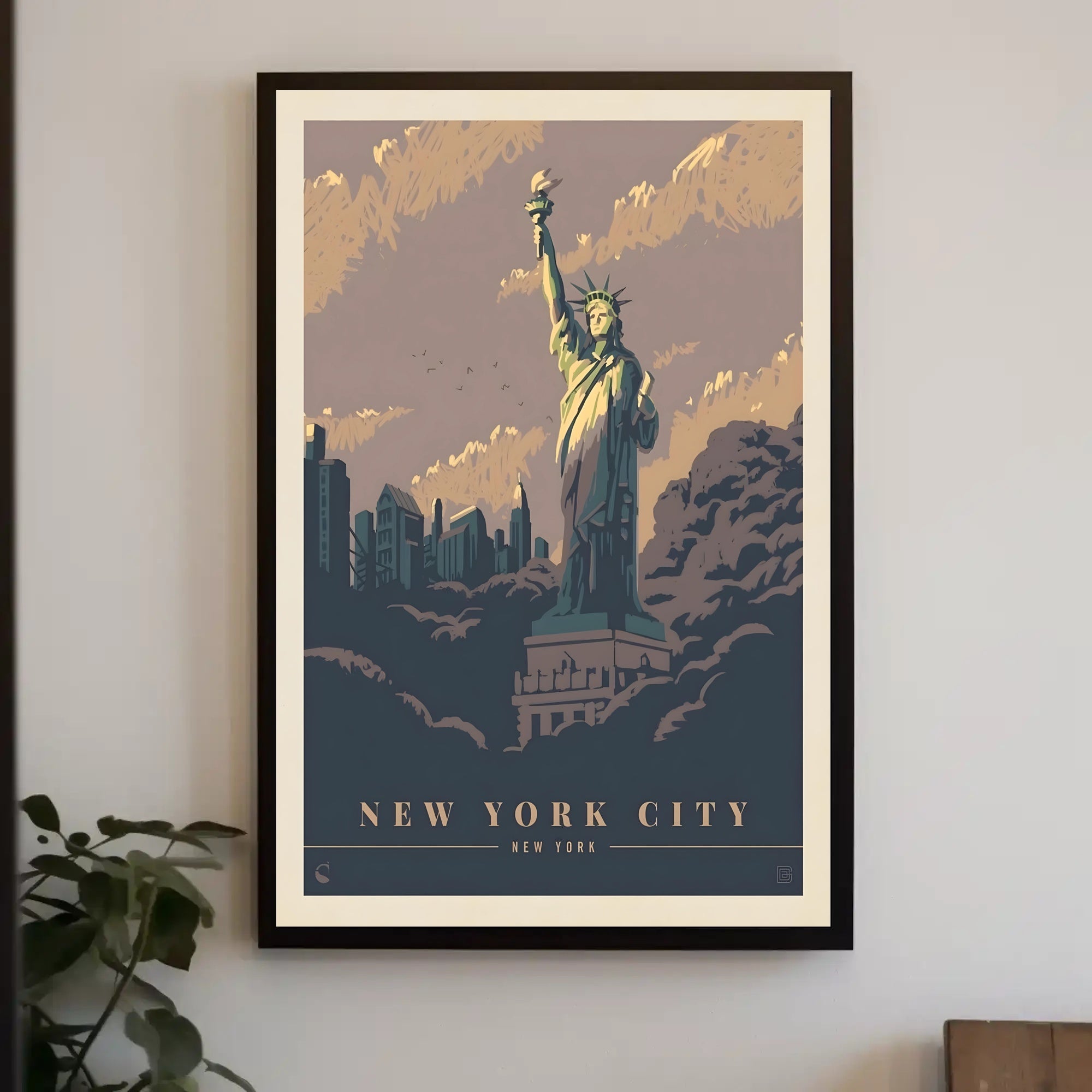 Vintage NYC Skyline with Statue of Liberty Travel Poster PosterGoat