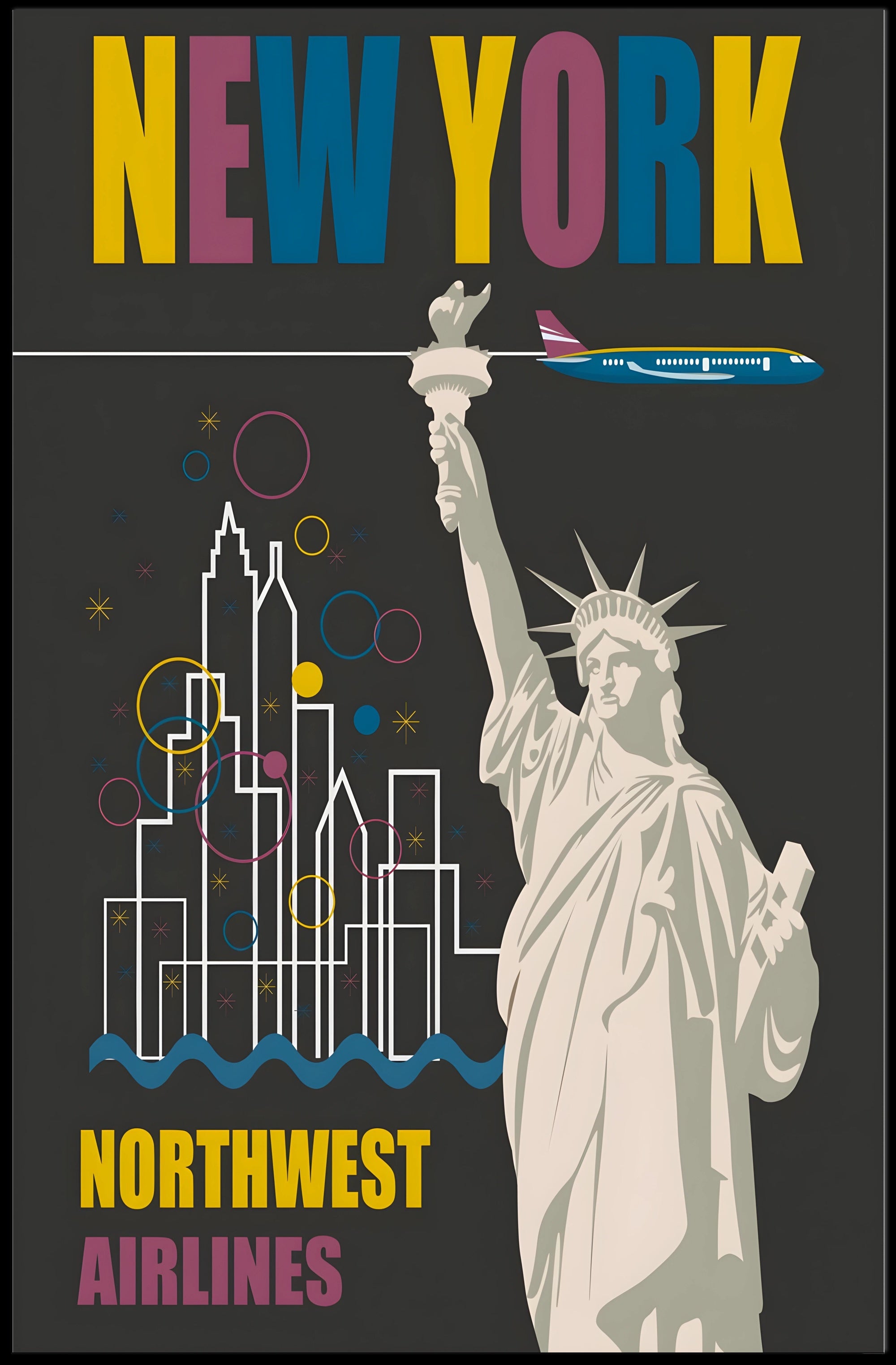 Vintage New York Travel Poster with Iconic Statue and Airplane PosterGoat