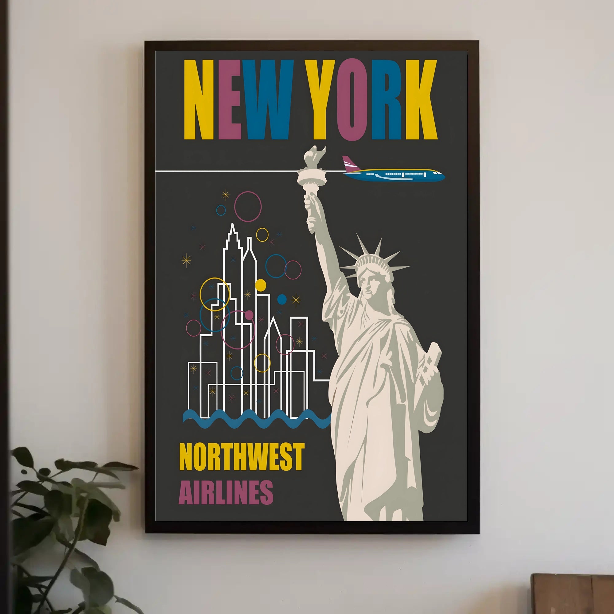 Vintage New York Travel Poster with Iconic Statue and Airplane PosterGoat