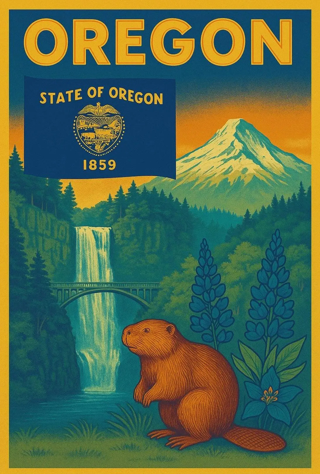 Vintage Oregon Travel Poster Featuring Iconic Natural Landmarks PosterGoat