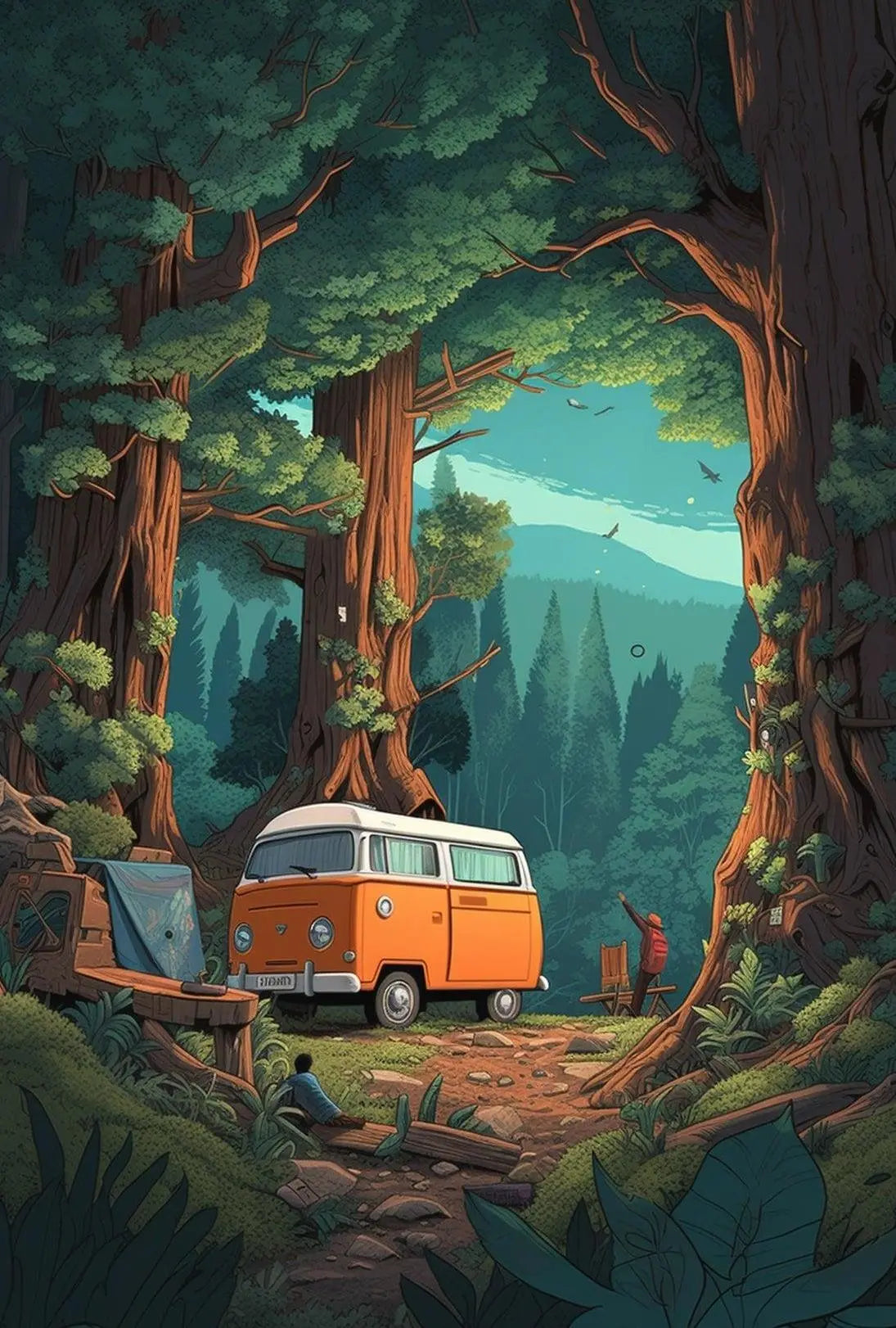 Vintage Outdoor Adventure with Camper Van Travel Poster PosterGoat