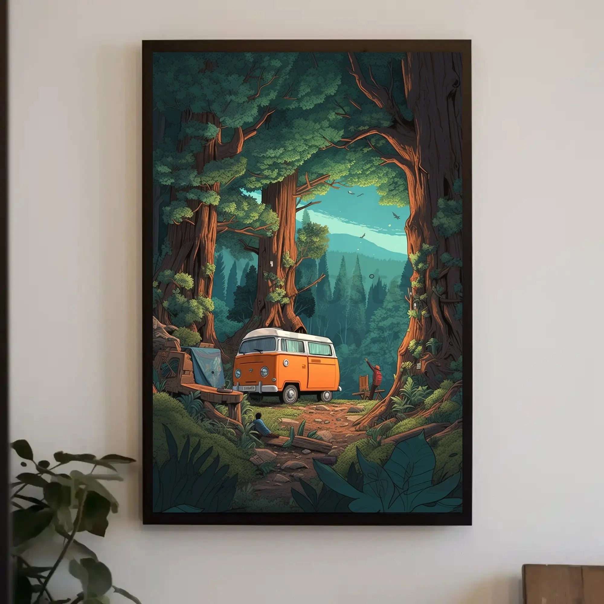Vintage Outdoor Adventure with Camper Van Travel Poster PosterGoat