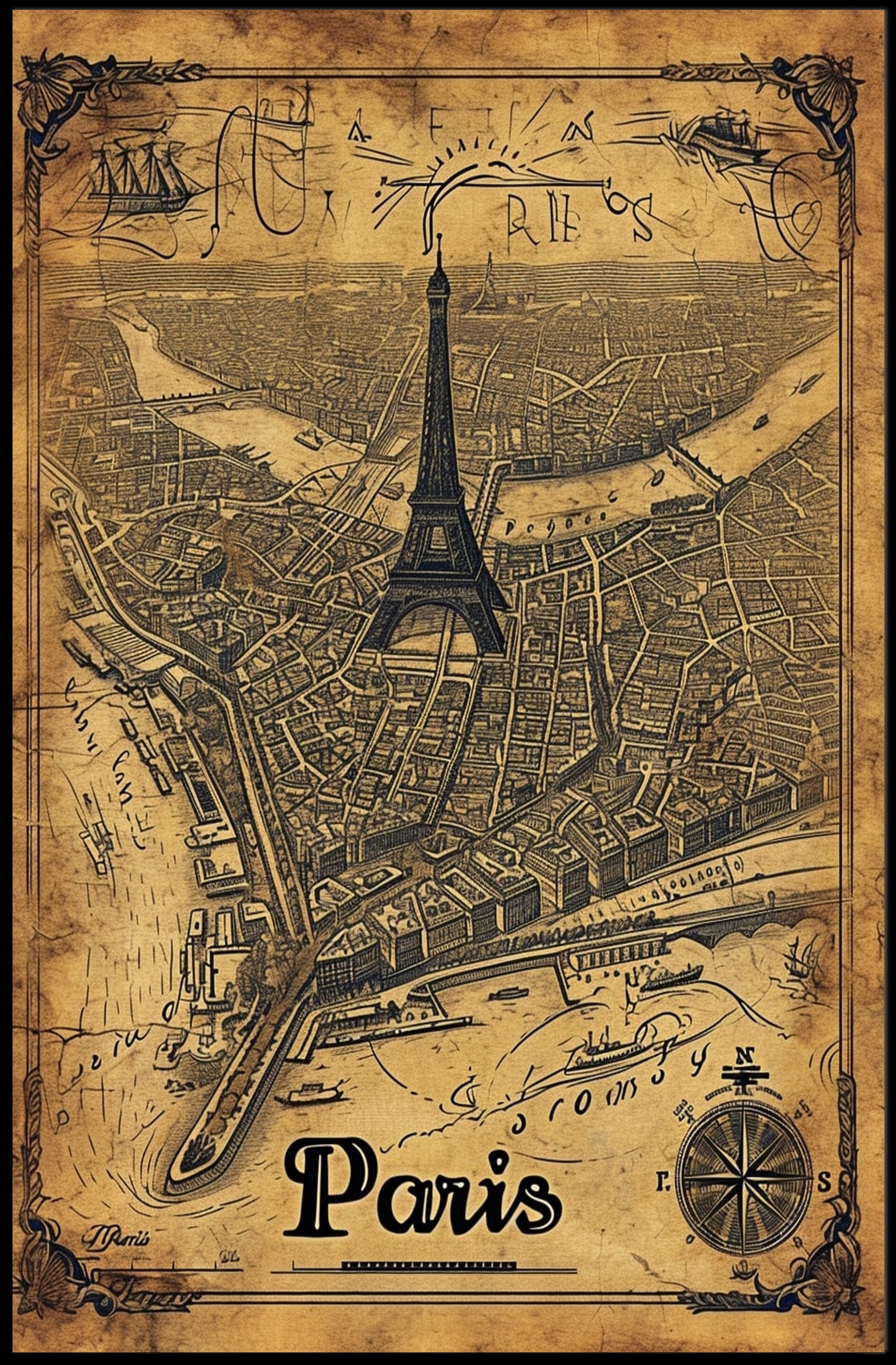 Vintage Paris Map with Eiffel Tower Travel Poster PosterGoat