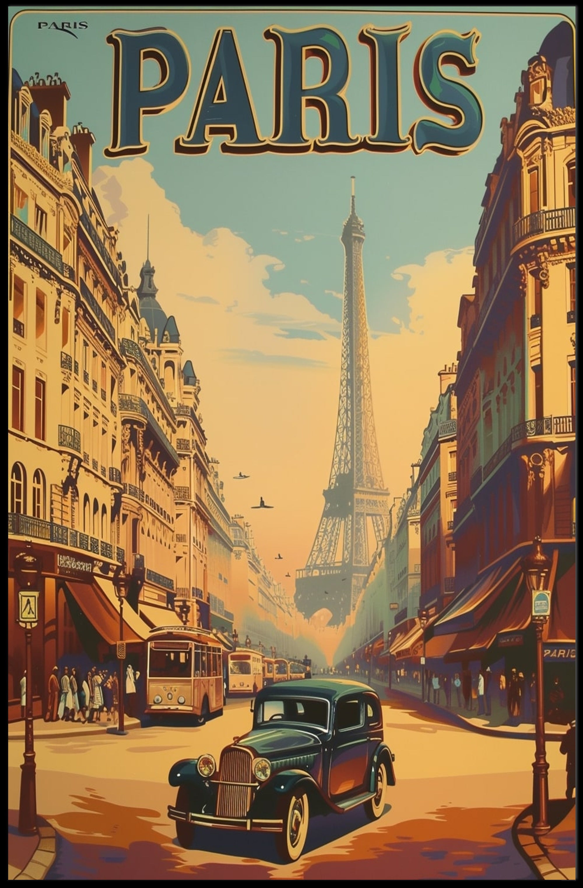 Vintage Parisian Street Scene with Iconic Eiffel Tower Travel Poster PosterGoat