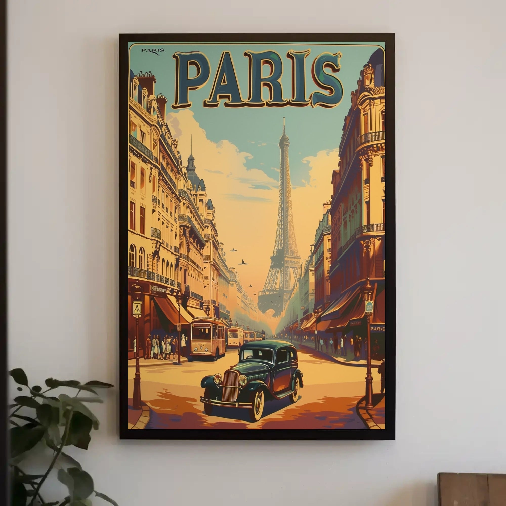 Vintage Parisian Street Scene with Iconic Eiffel Tower Travel Poster PosterGoat