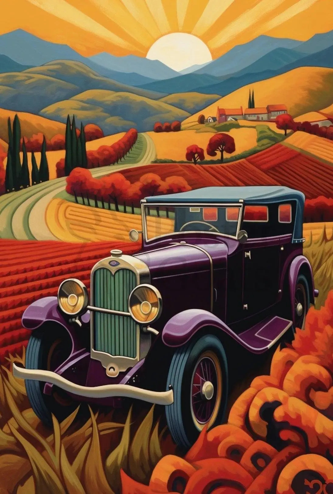 Vintage Purple Car with Scenic Countryside Artistic Poster PosterGoat