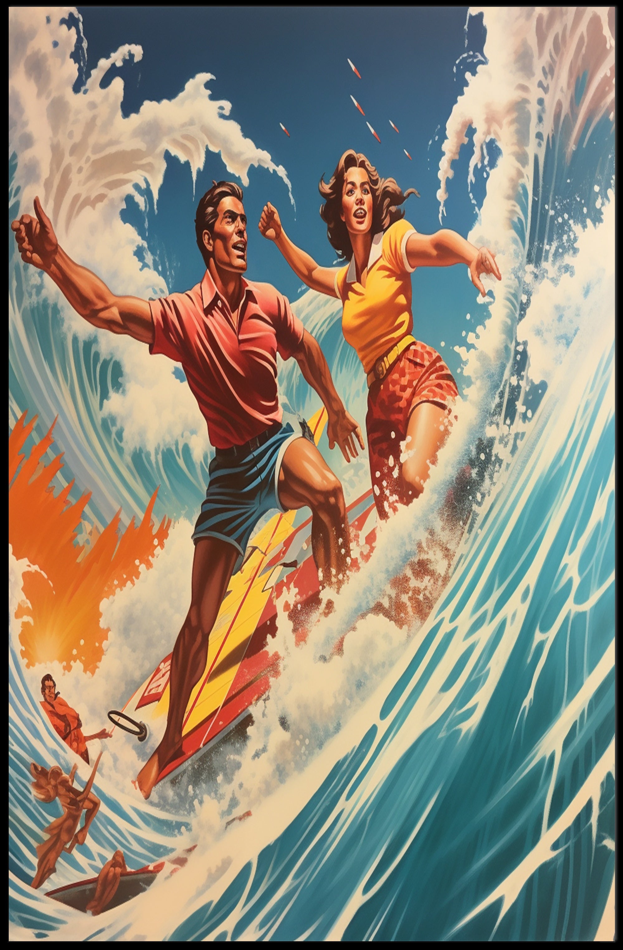 Vintage Surfing Adventure on Vibrant Ocean Waves Sports Poster PosterGoat