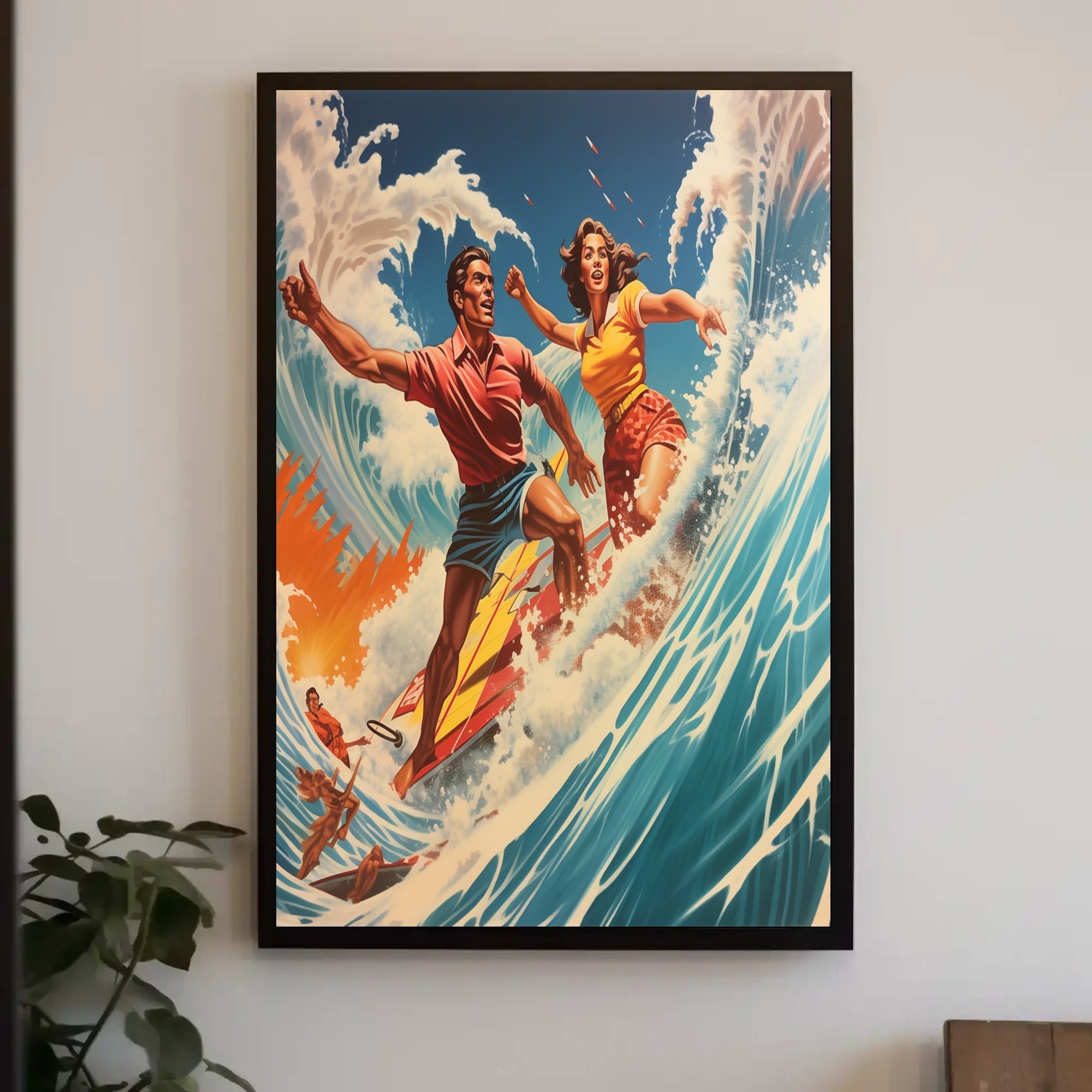 Vintage Surfing Adventure on Vibrant Ocean Waves Sports Poster PosterGoat