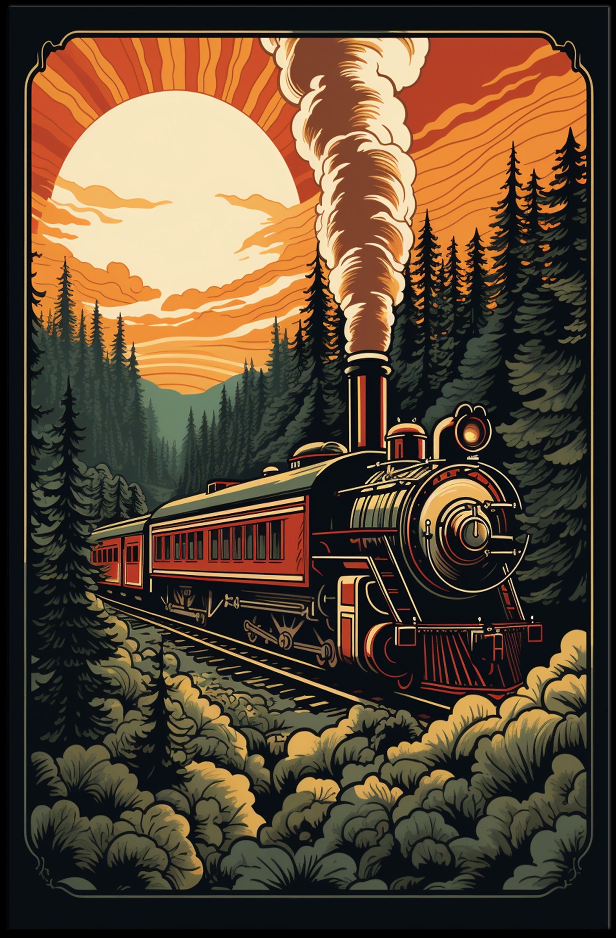 Vintage Train in Scenic Forest Travel Poster PosterGoat