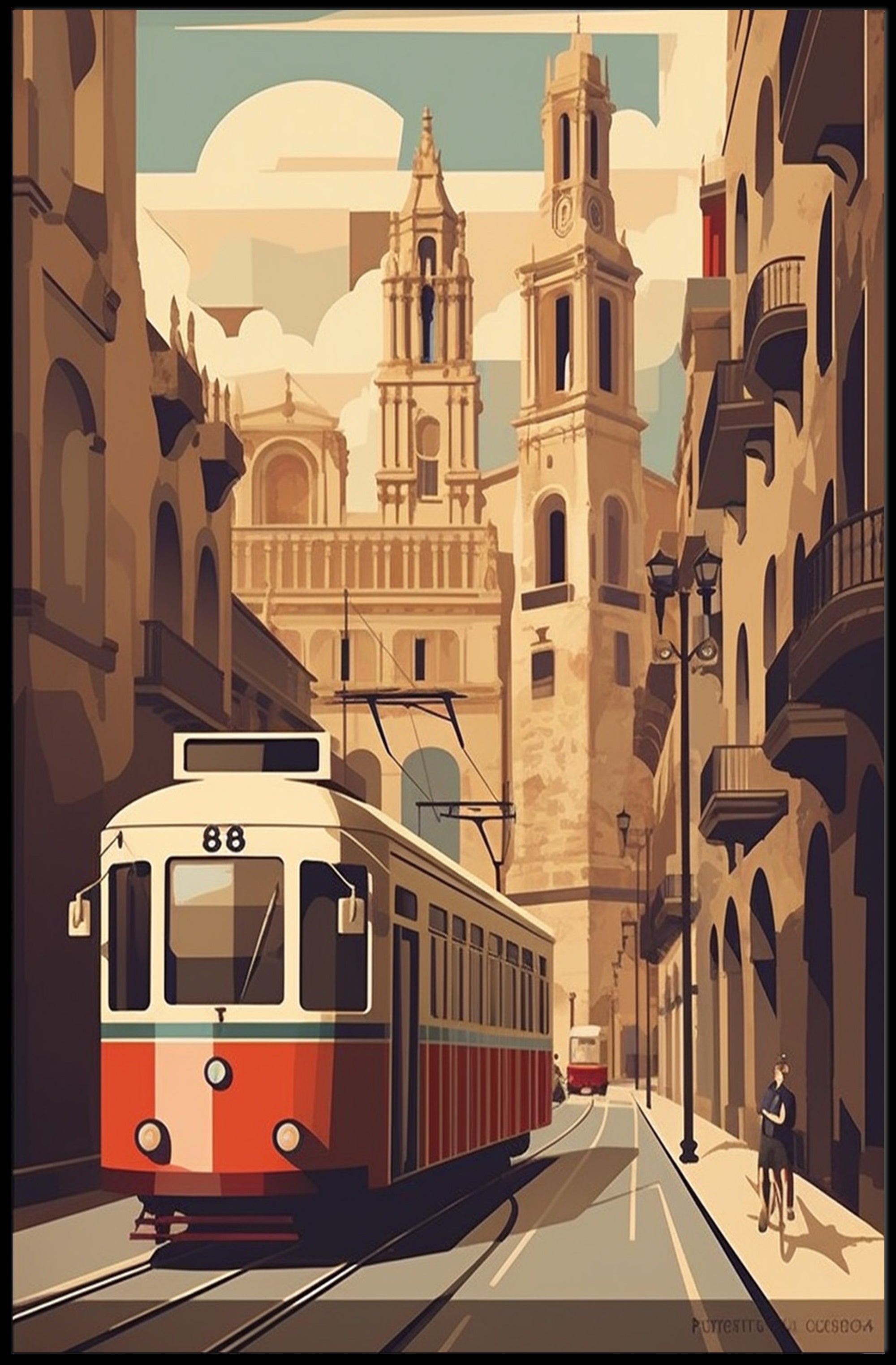 Vintage Tram Adventure in Historic City Travel Poster PosterGoat