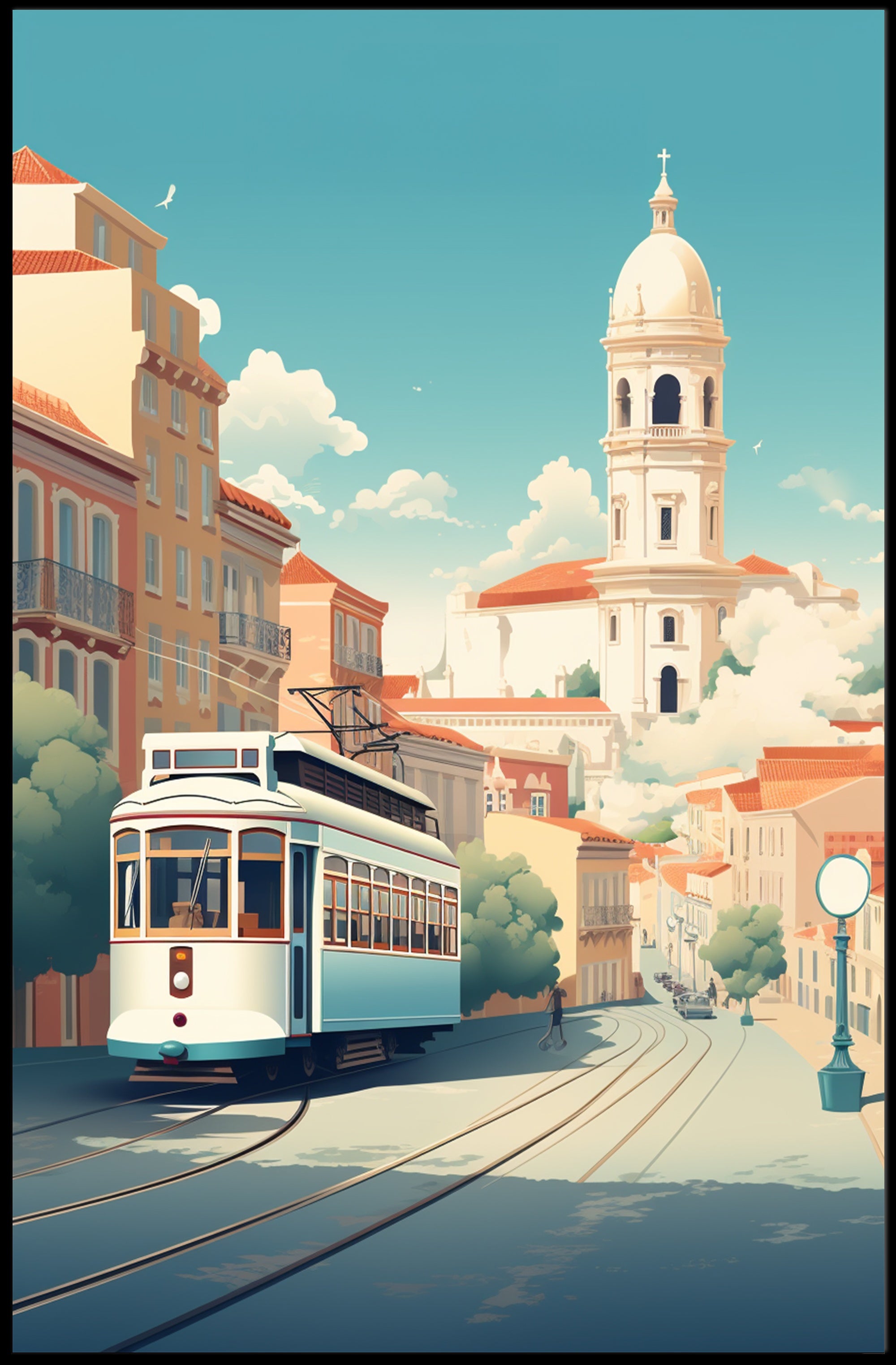 Vintage Tram in Scenic European Town Travel Poster PosterGoat