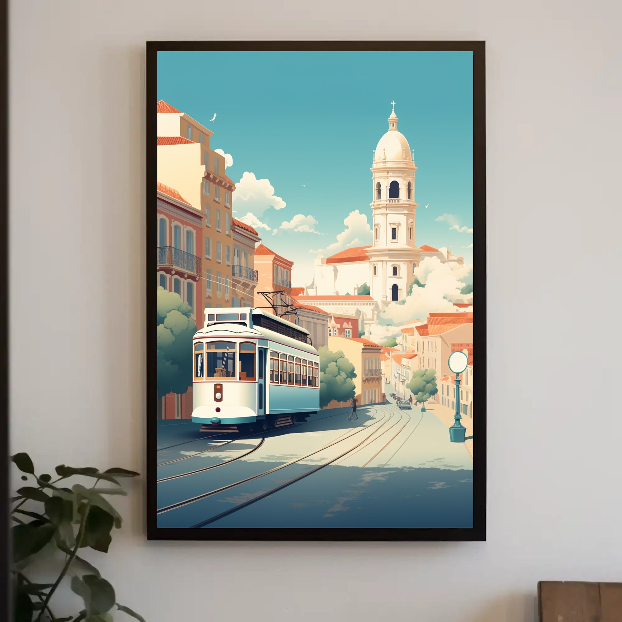 Vintage Tram in Scenic European Town Travel Poster PosterGoat