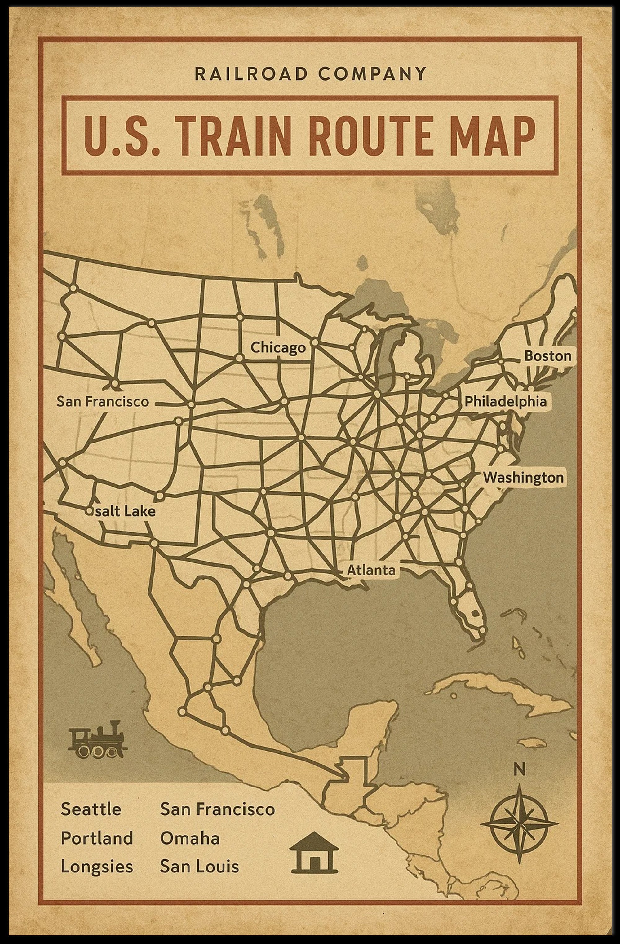 Vintage U.S. Train Routes Map Travel Poster PosterGoat