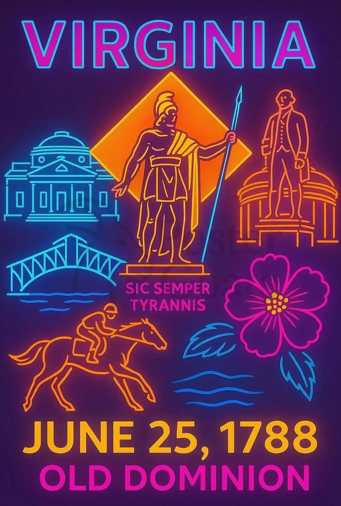 Virginia Statehood 1788 Neon Art Historical Poster PosterGoat