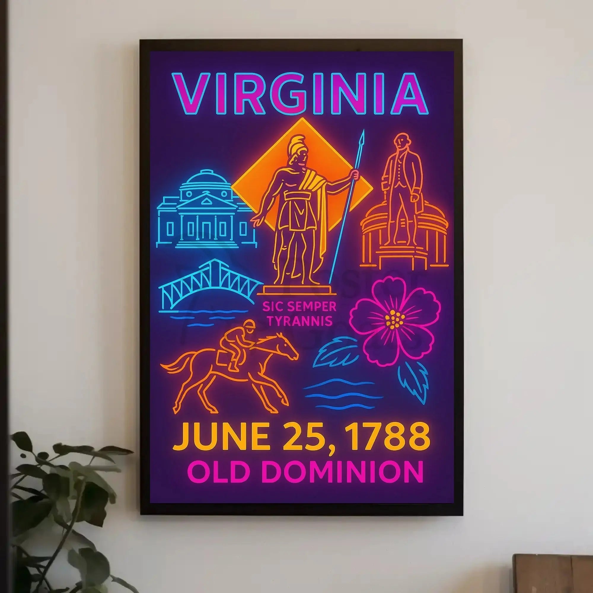 Virginia Statehood 1788 Neon Art Historical Poster PosterGoat