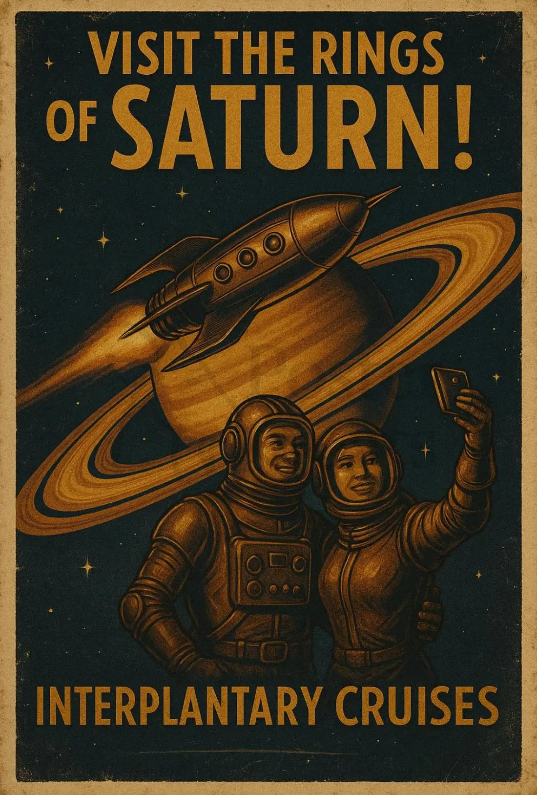 Visit Saturnโs Rings Retro-Futuristic Sci-Fi Poster PosterGoat