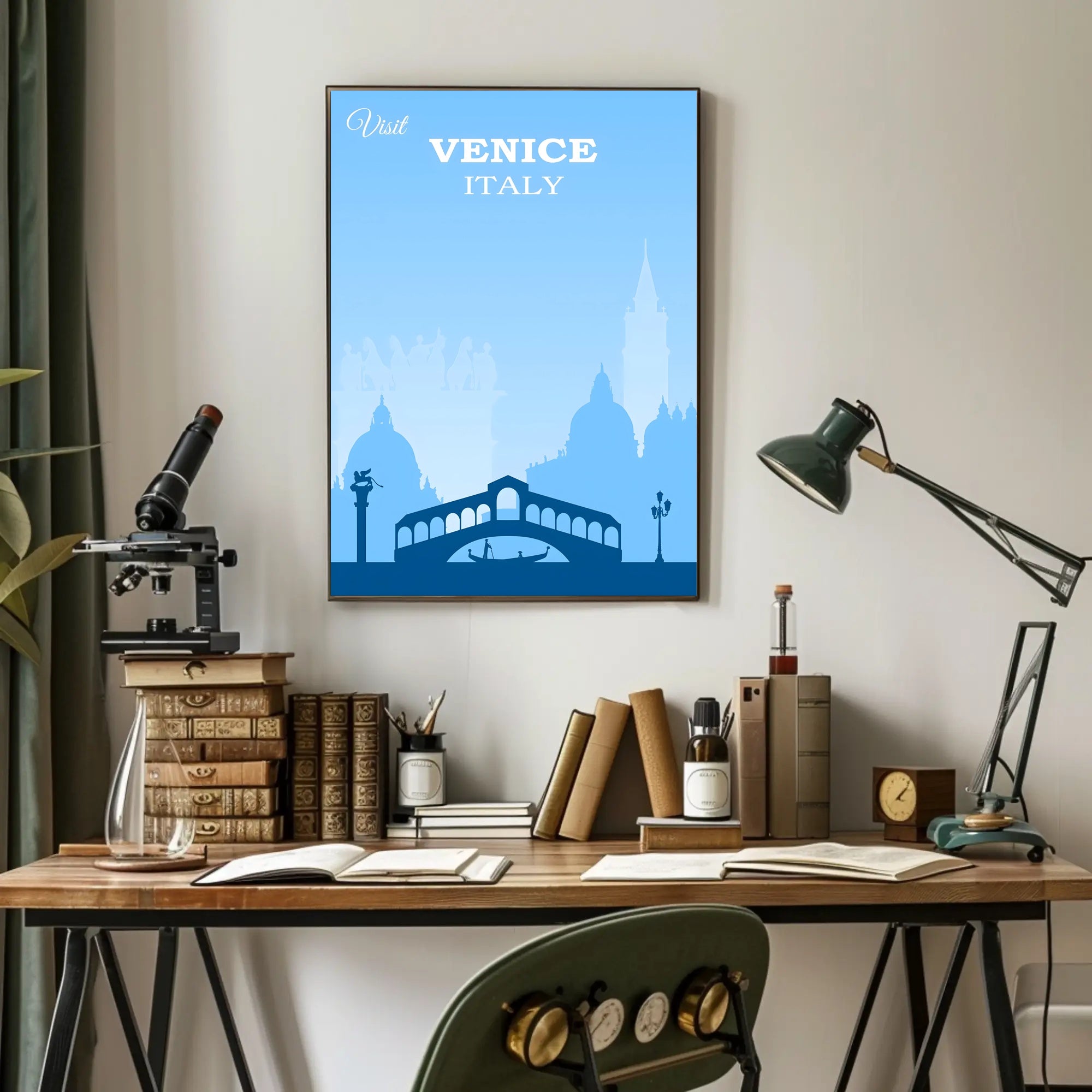 Visit Venice: Vintage Serene Blue Travel Poster PosterGoat