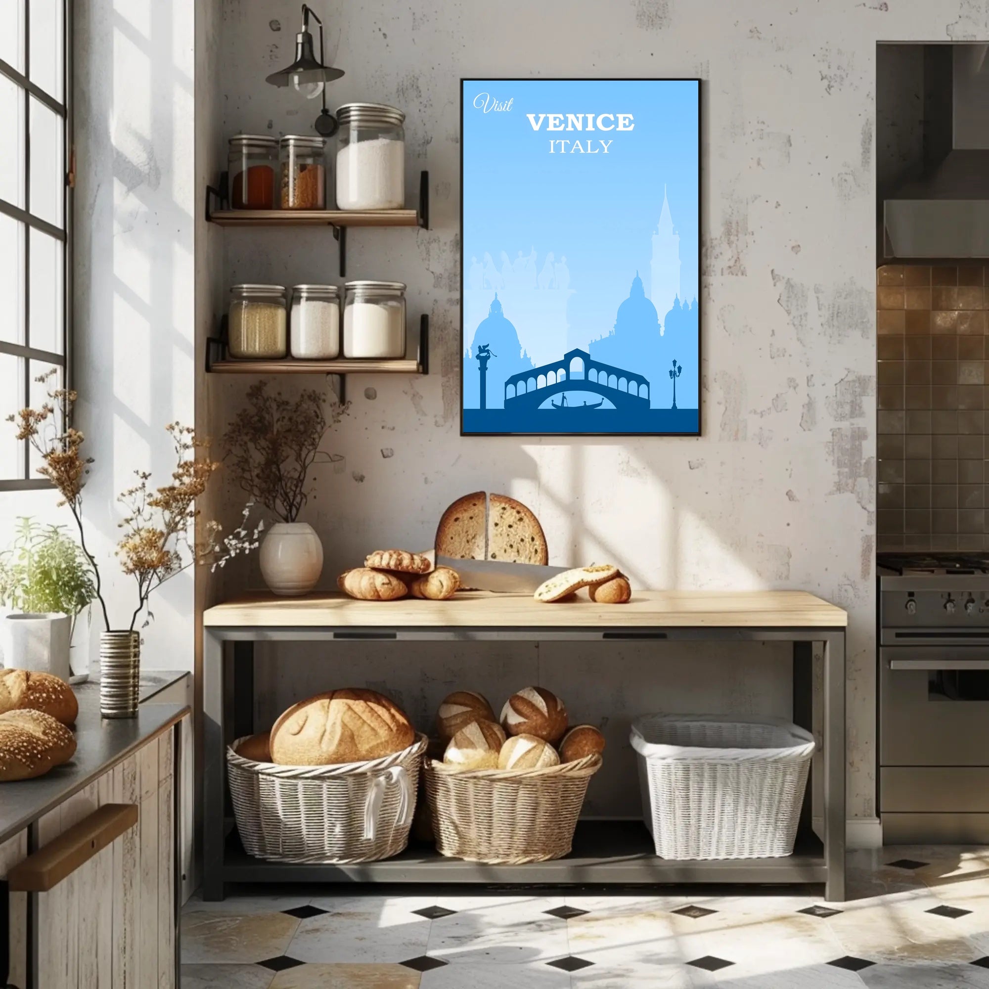 Visit Venice: Vintage Serene Blue Travel Poster PosterGoat