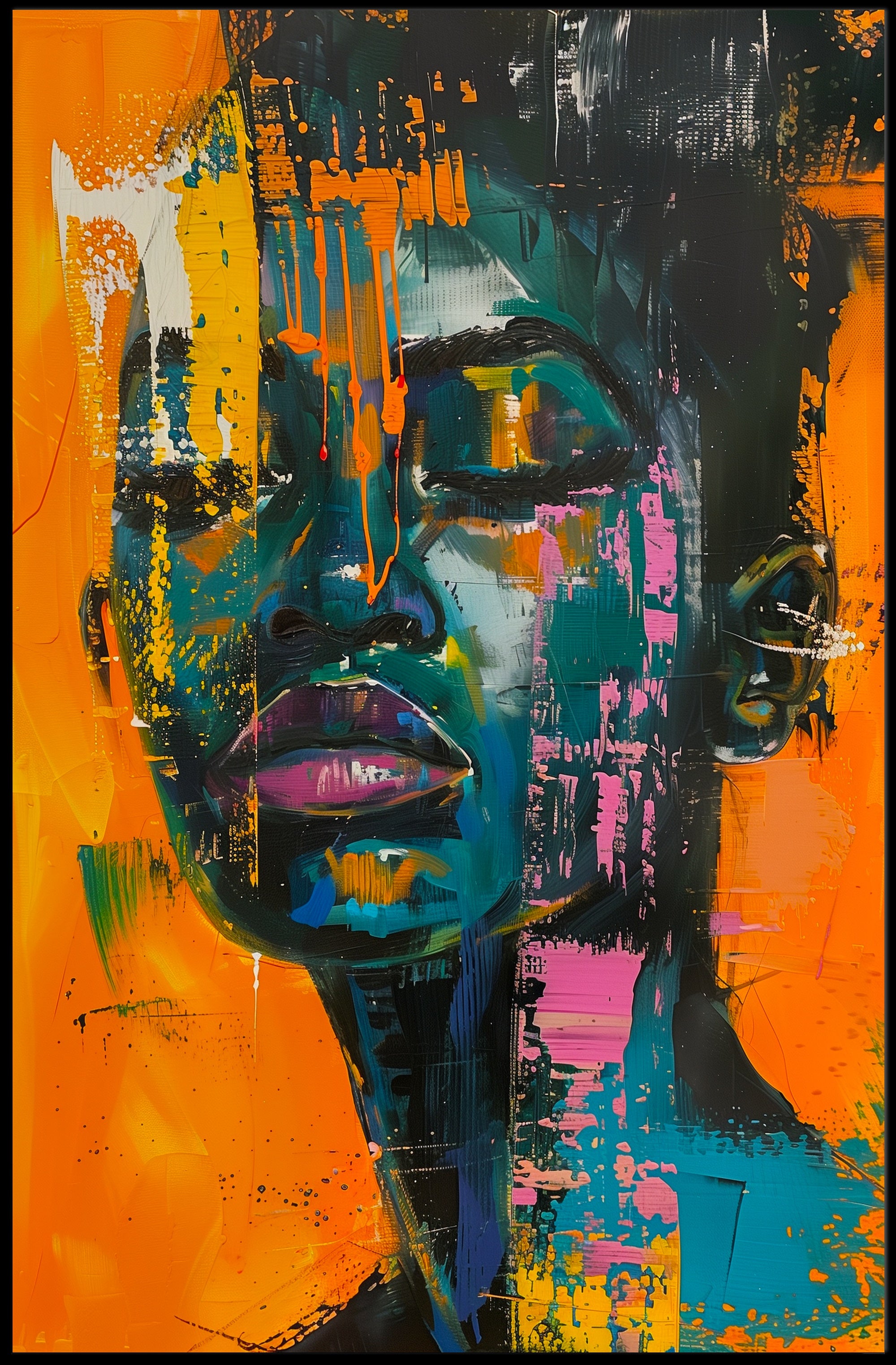 Vivid Abstract Portrait on Vibrant Orange: Artistic Poster PosterGoat