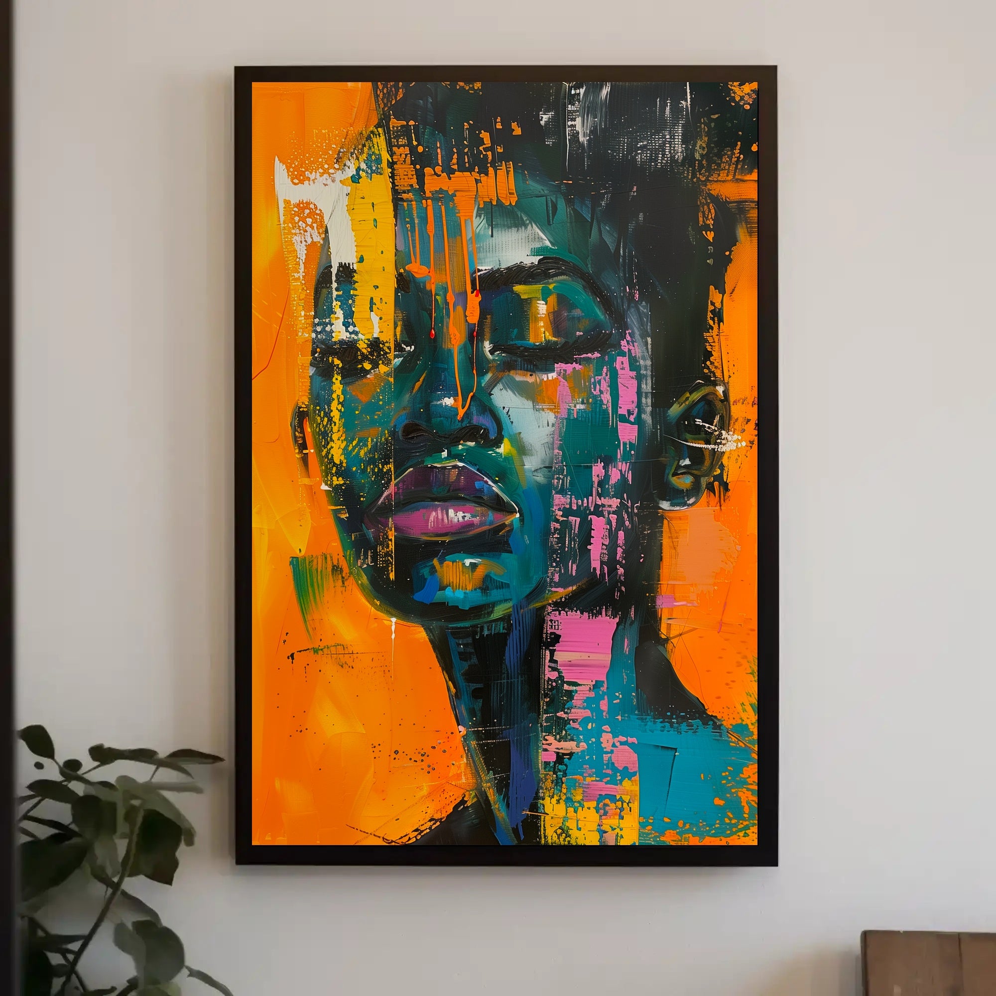 Vivid Abstract Portrait on Vibrant Orange: Artistic Poster PosterGoat