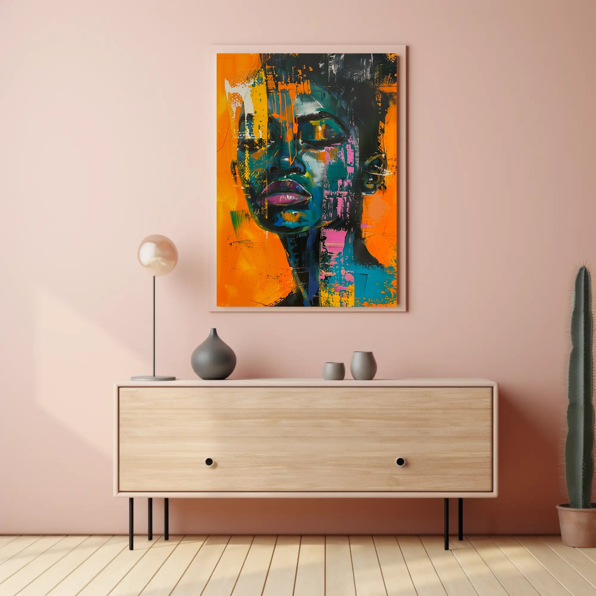 Vivid Abstract Portrait on Vibrant Orange: Artistic Poster PosterGoat