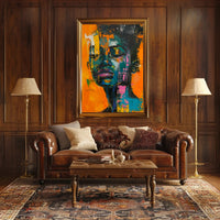 Vivid Abstract Portrait on Vibrant Orange: Artistic Poster PosterGoat