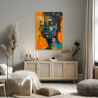 Vivid Abstract Portrait on Vibrant Orange: Artistic Poster PosterGoat