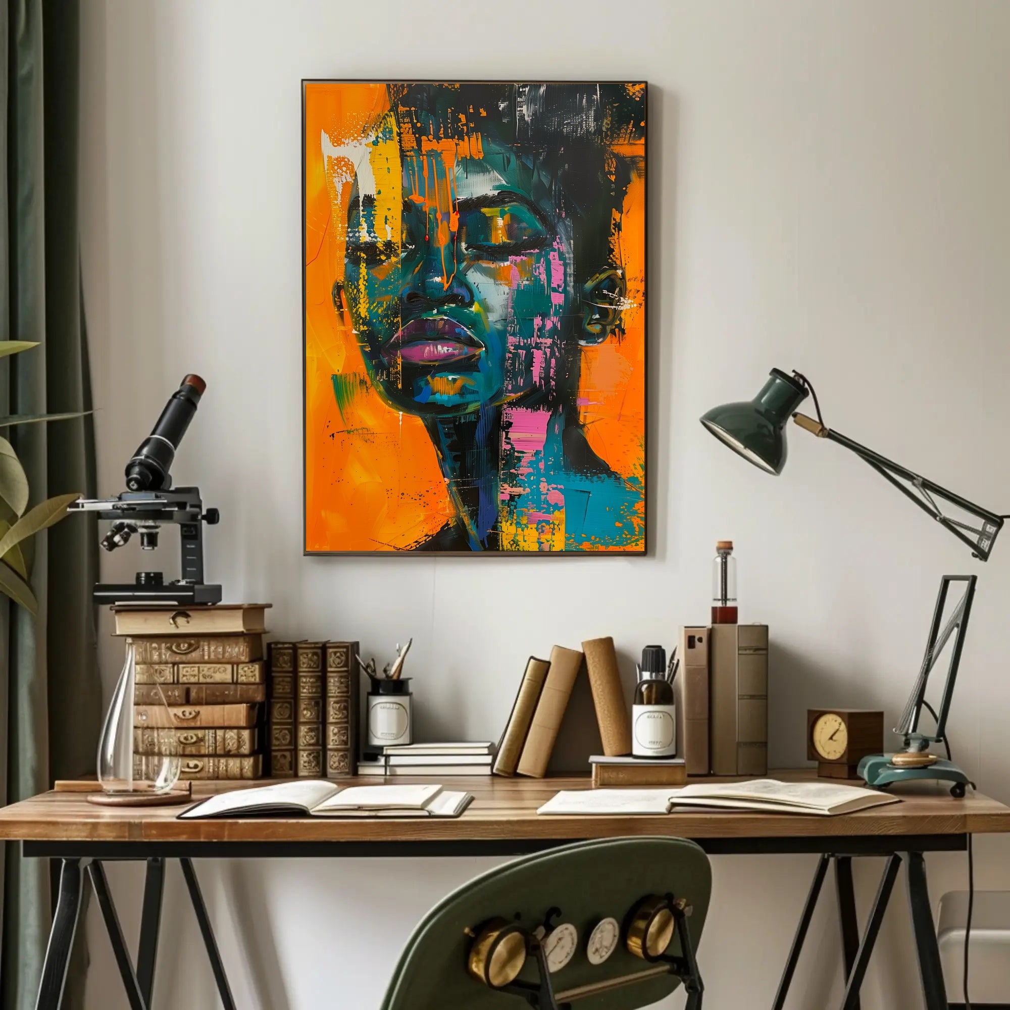 Vivid Abstract Portrait on Vibrant Orange: Artistic Poster PosterGoat